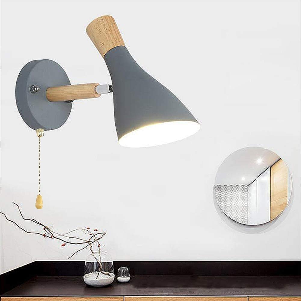 Nordic Modern Adjustable Wall Lamp with Iron and Wood Shade - Pull Chain Switch Wall Sconce for Bedroom, Study, Living Room - Gray Finish | Perfect for Ambient Lighting & Home Decor