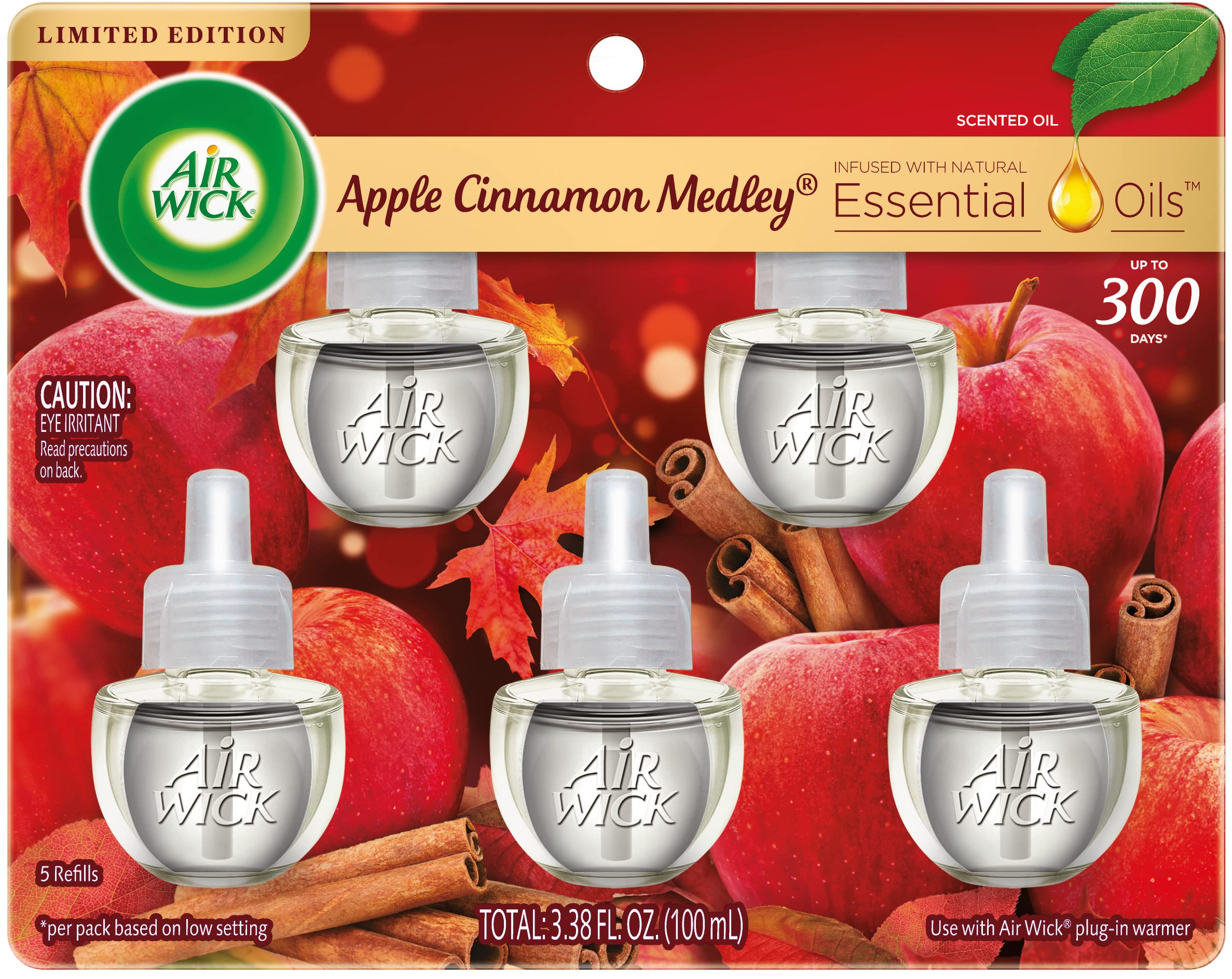 Air Wick Plug-In Scented Oil Refills - Apple Cinnamon Medley (5 Count) | Long-Lasting Air Freshener with Essential Oils | Perfect for Home, Office & Bathroom