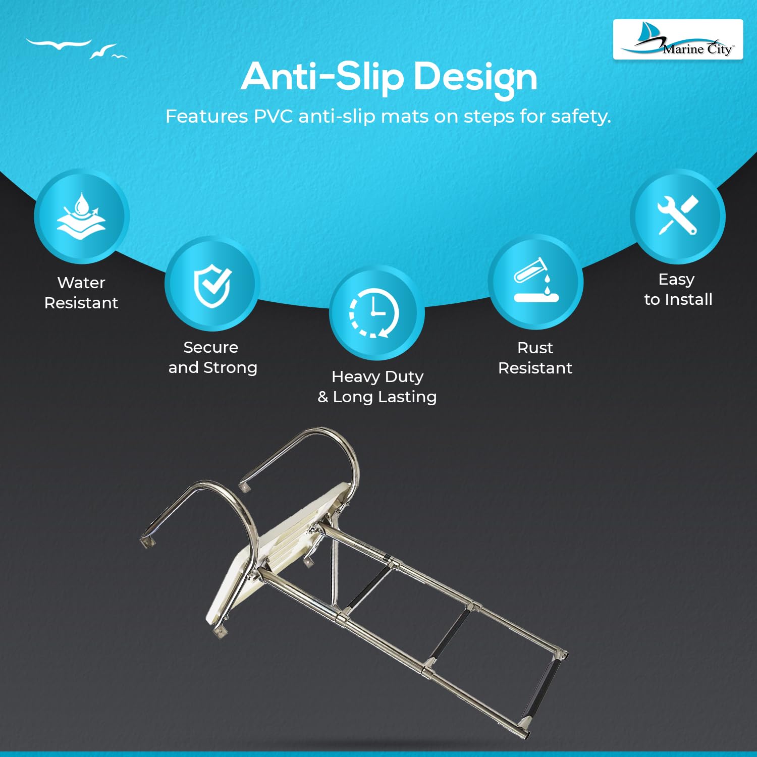**MARINE CITY 304 Stainless Steel 3-Step Telescoping Boat Ladder for Inboard/Outboard Swim Platforms – Electro-Polished Rails with Anti-Slip Steps – Ideal for Boats, Ships & Marine Use**    *(Perfect for Easy Boarding, Water Sports & Safe Swimming Access on Boats & Yachts)*