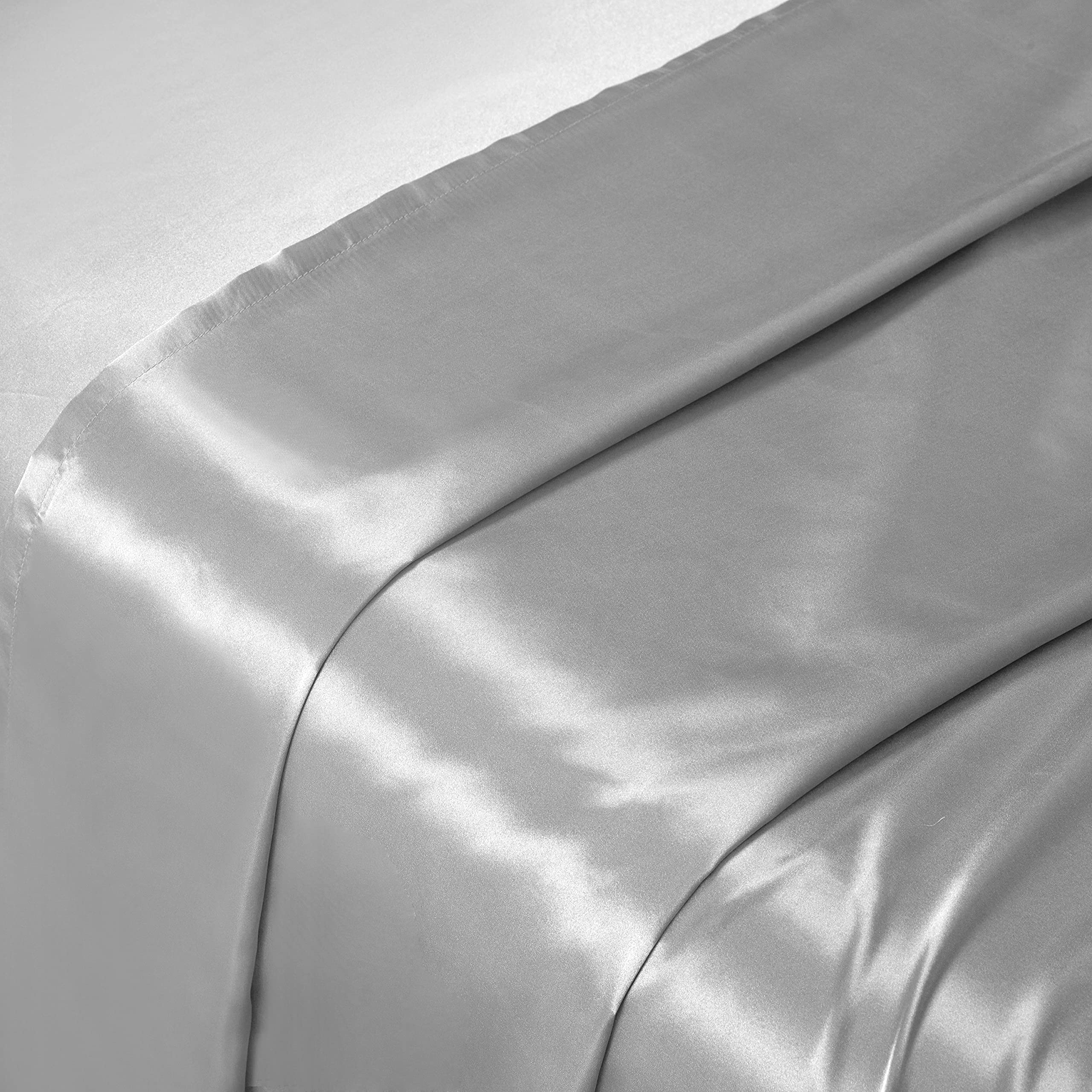 Luxury Light Gray Satin Sheets Full Size 4-Piece Bedding Set - 1 Flat Sheet, 1 Deep Pocket Fitted Sheet & 2 Pillowcases - Soft Silky Satin Fabric for Ultimate Comfort - Perfect for Master Bedroom, Guest Room or Dormitory