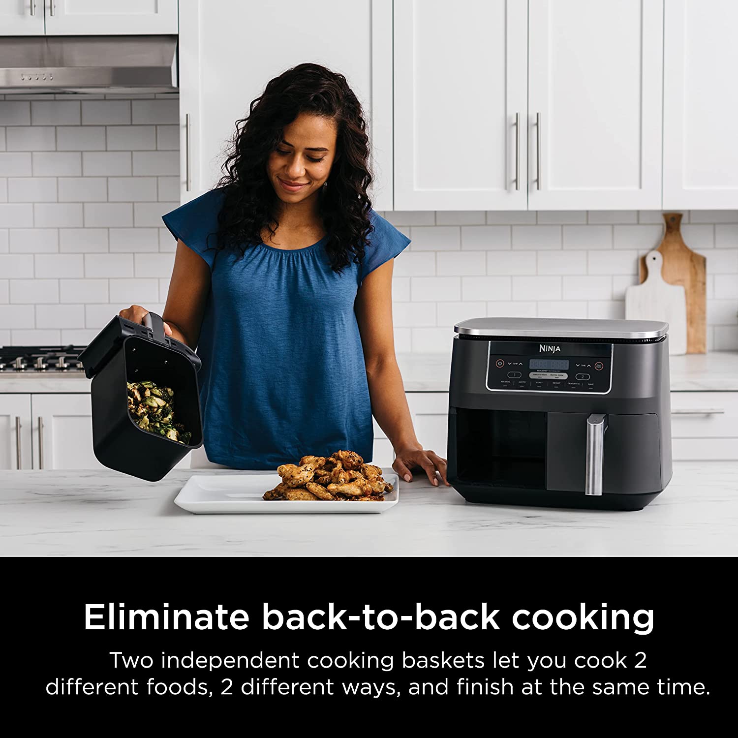 Ninja DZ201 Foodi 8 Quart 6-in-1 DualZone Air Fryer with 2 Independent Baskets - Match Cook & Smart Finish Technology for Roasting, Broiling, Dehydrating - Perfect for Quick Family Meals, Healthy Cooking & Party Snacks