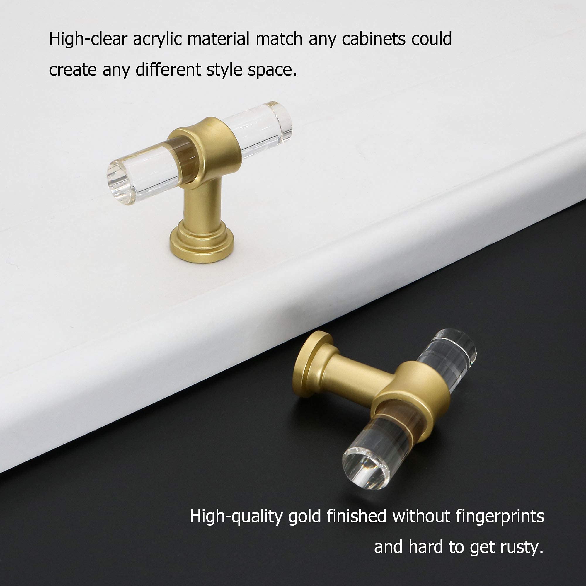 50 Pack Gold Acrylic Kitchen Cabinet Knobs - Modern T-Bar Drawer Handles with Zinc Alloy Base for Dresser, Bathroom & Cabinet Doors - Durable White Kitchen Hardware for Home Renovation & DIY Projects