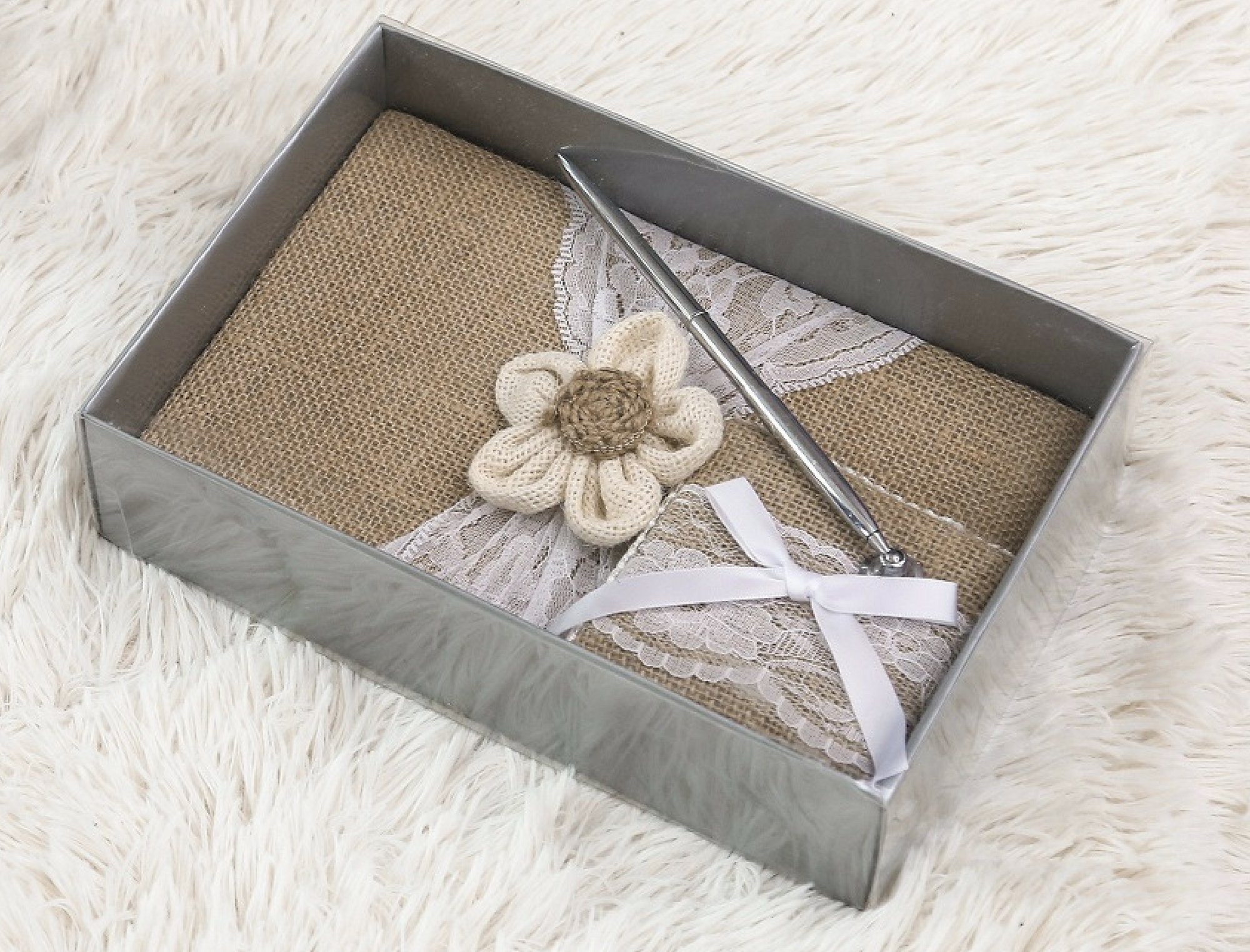 Rustic Wedding Guest Book with Burlap & Lace Cover - Includes Burlap Pen Holder & Silver Pen - 120 Lined Pages for Guest Messages - Elegant Gift Box (Petal Flower Design) - Perfect for Weddings, Anniversaries & Special Events