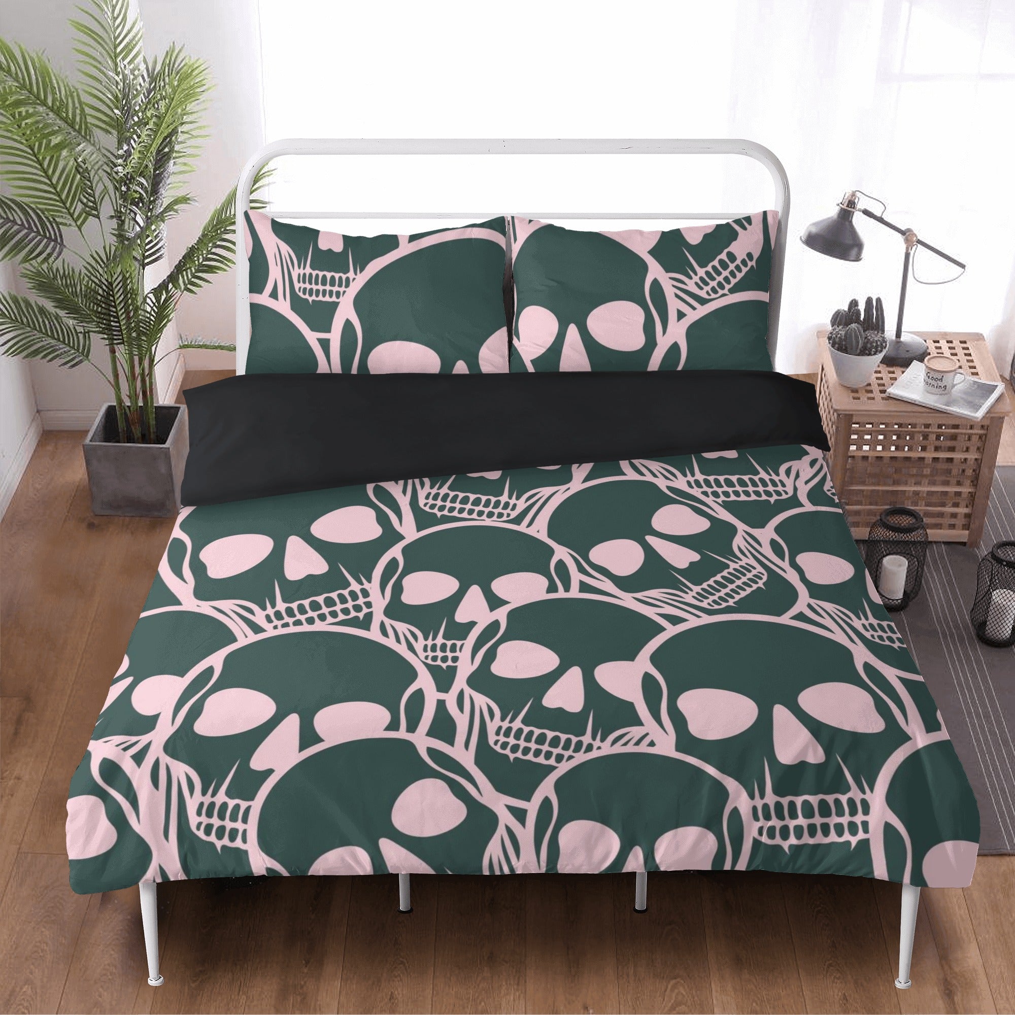 Stylish Pink and Black Skull Head 3-Piece Bedding Set - Soft Comforter, Pillowcases & Sheet for Gothic, Punk or Teen Room Decor