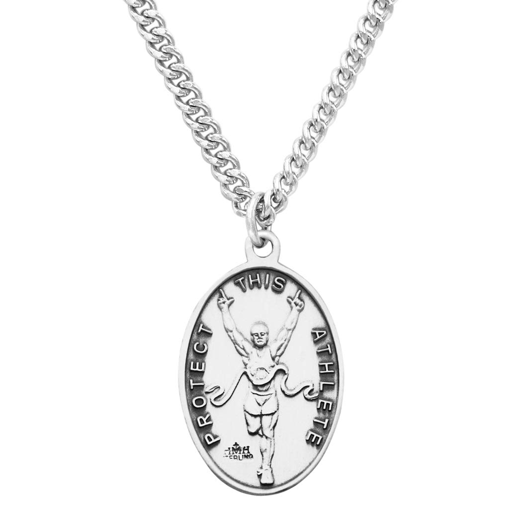 Men's Sterling Silver Saint Christopher Protect This Athlete Sports Medal Pendant Necklace - 24 Inch Religious Gift for Athletes - Perfect for Running, Cycling & Outdoor Sports Protection