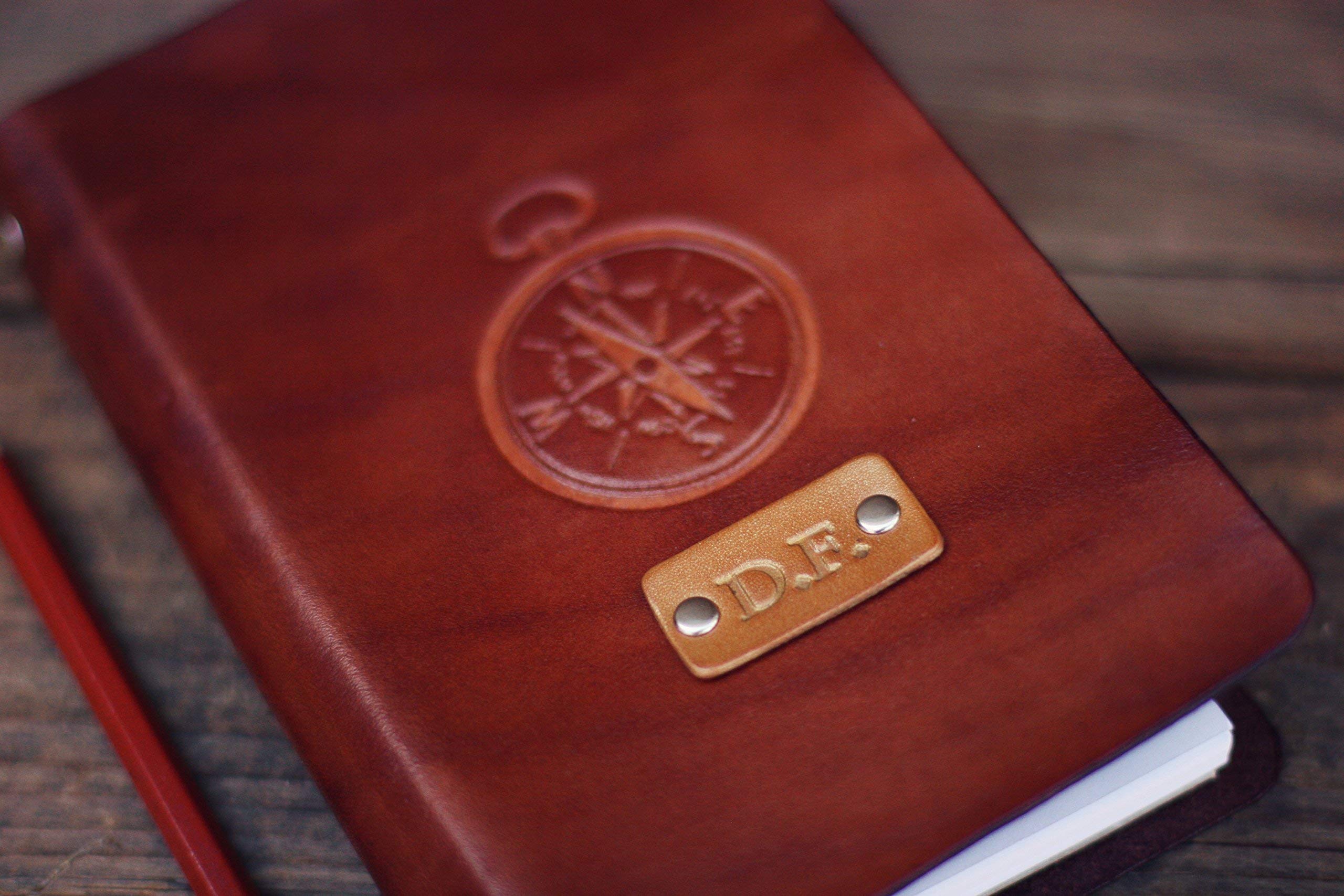 Custom Personalized Leather Journal & Notebook - Travel Diary, Sketchbook with Compass Stamp - Engraved Name/Initials - 6-Ring Refillable Binder with Lined Paper - Perfect for Writing, Drawing & Adventure Journaling