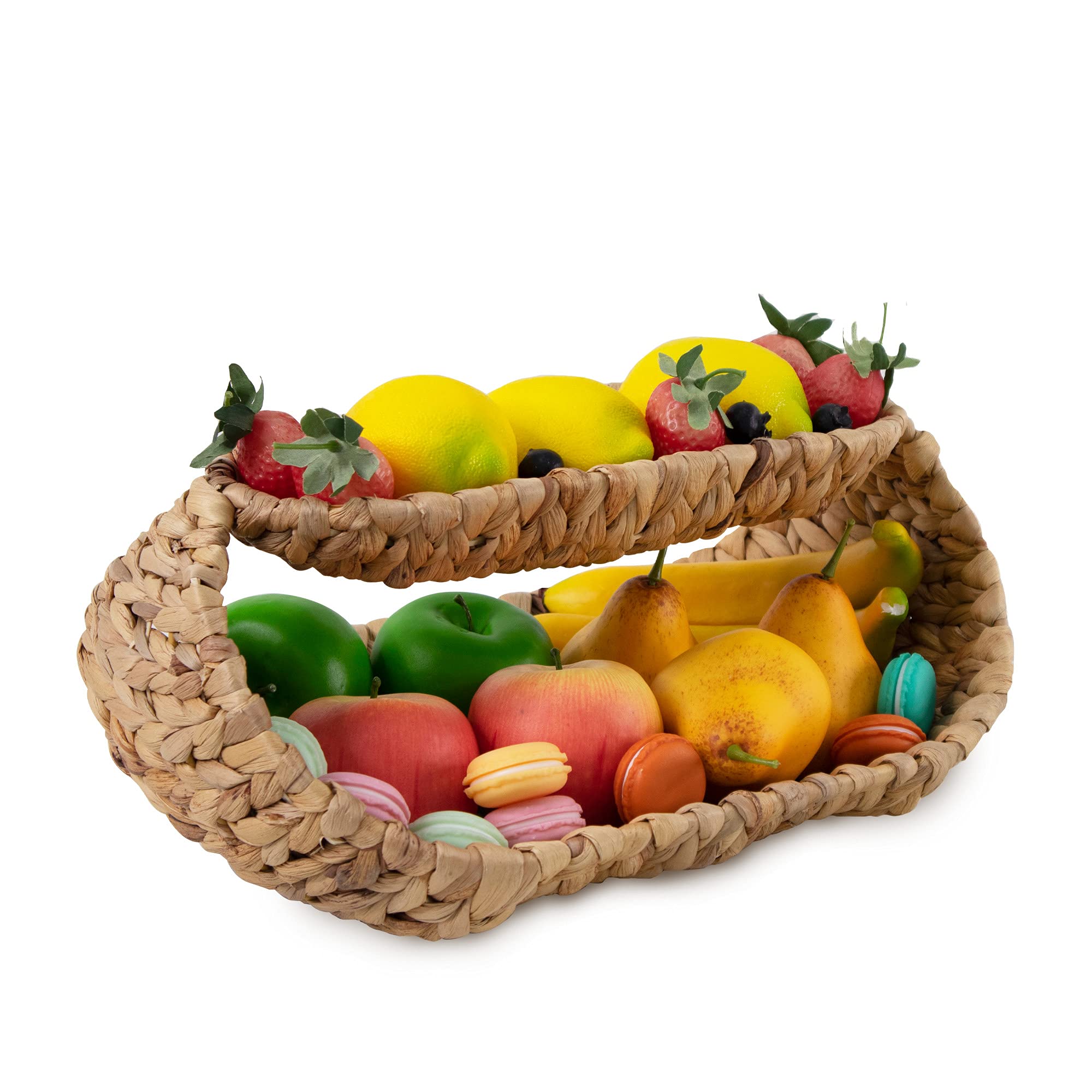 2 Tier Seagrass Fruit Basket - Boat Shape Woven Serving Tray & Bowl for Kitchen Countertop | Farmhouse Table Centerpiece for Dining Room Decor | Display Fruits, Dry Snacks, Bread | Natural Water Hyacinth Storage Solution for Rustic Home & Party Serving