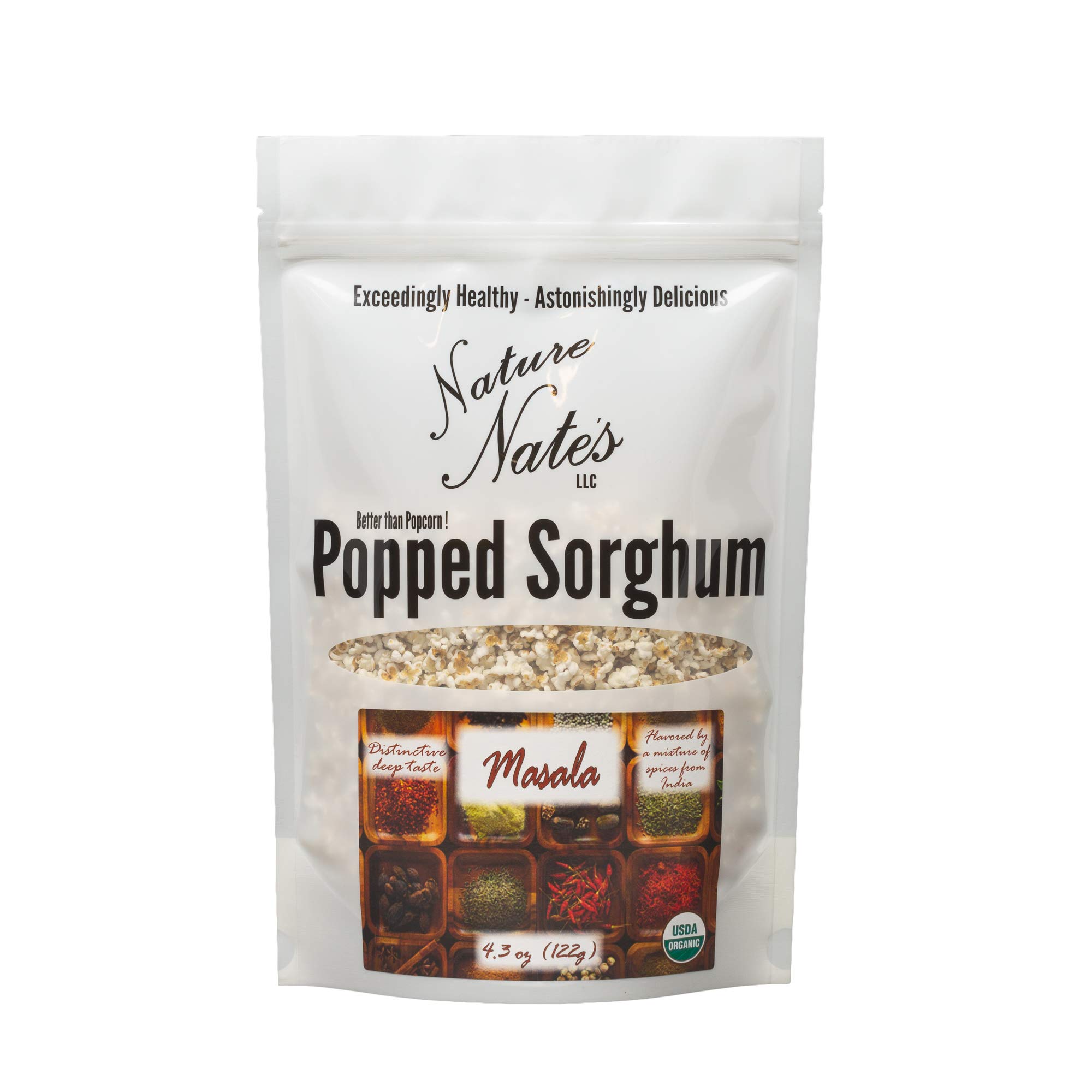 Nature Nate’s Organic Masala Popped Sorghum Snacks - Keto, Gluten-Free, Healthy Alternative to Popcorn, Non-GMO, Made in USA (4.3 oz) - Perfect for Movie Nights, Office Snacks & On-the-Go Munching