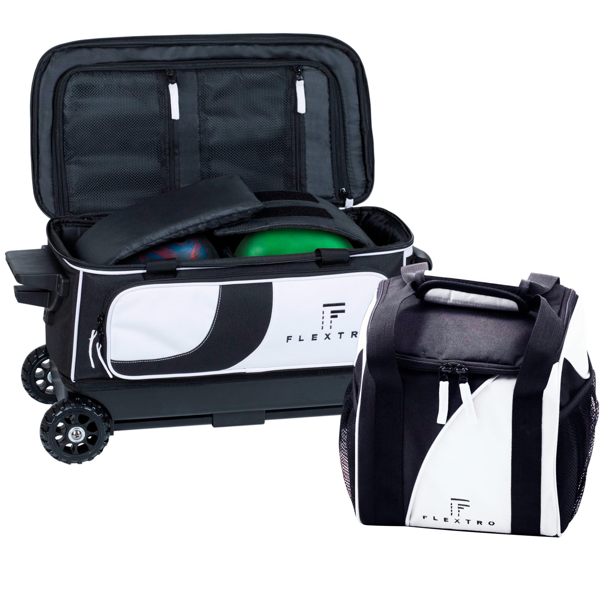 Flextro 2 Ball & Single Ball Bowling Bag Set with Wheels - Double Roller Trolley for Bowling Equipment & Shoes | Perfect for League Play & Tournament Travel