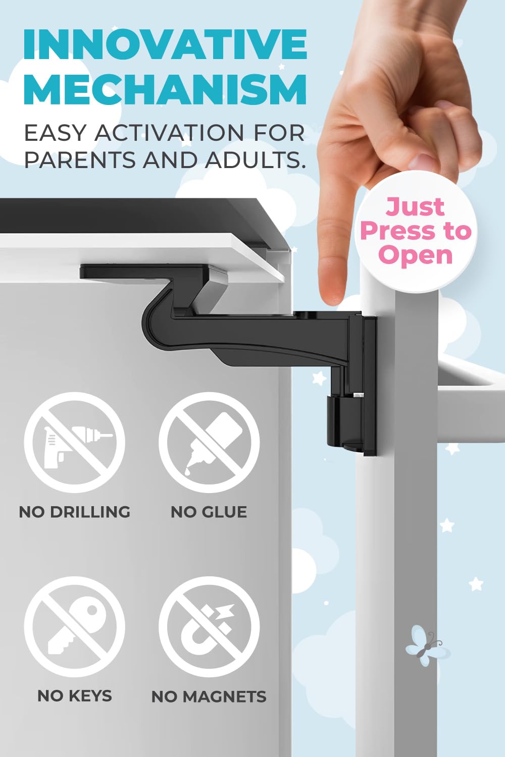 Baby Proof Cabinet Locks (12 Pack) - No Drill Invisible Child Safety Locks for Drawers & Cabinets - Easy Installation, No Tools Needed - Perfect for Kitchen, Bathroom & Nursery Childproofing