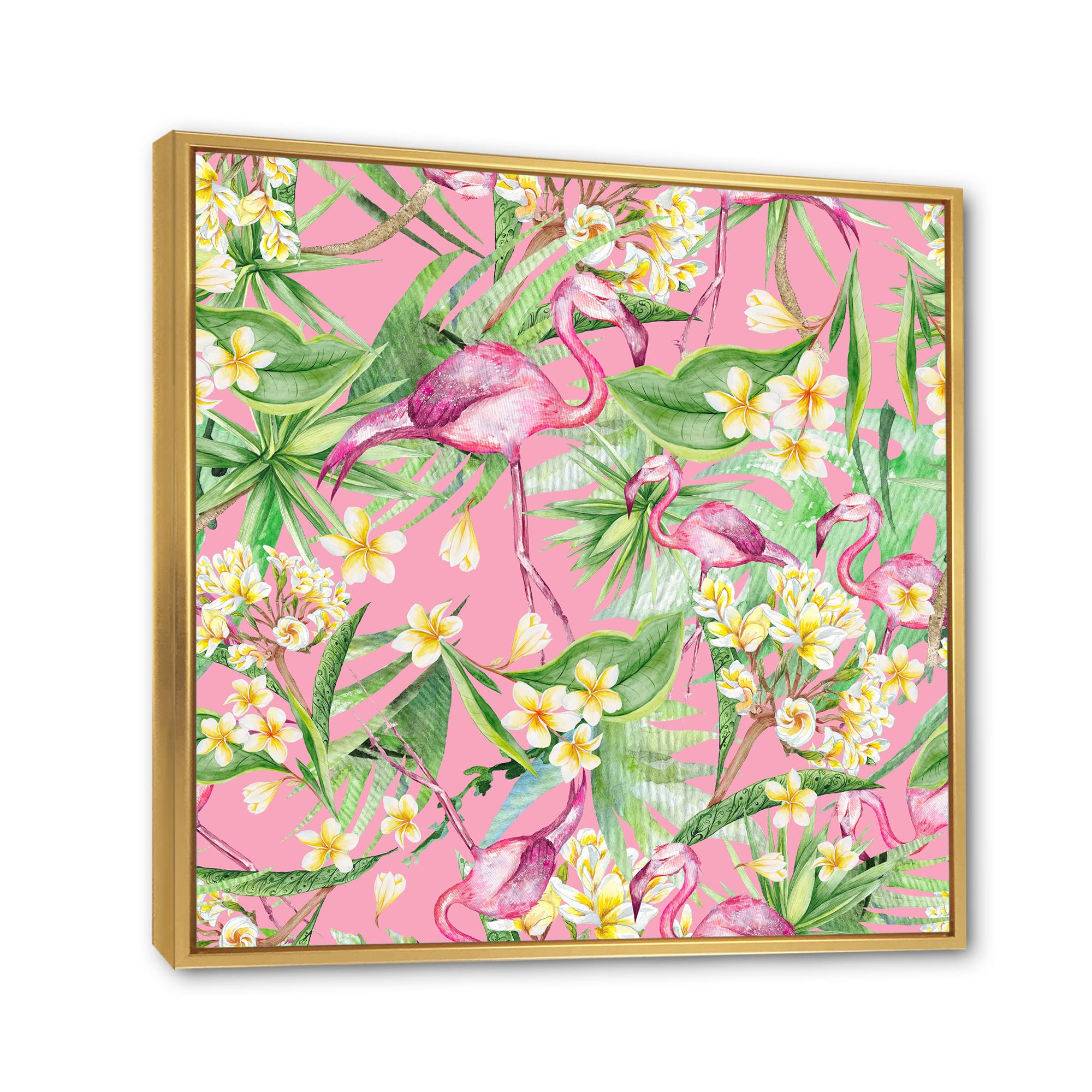 DesignQ Tropical Foliage & Yellow Flowers With Flamingo III - Modern Framed Canvas Wall Art Print for Living Room, Bedroom & Office Decor