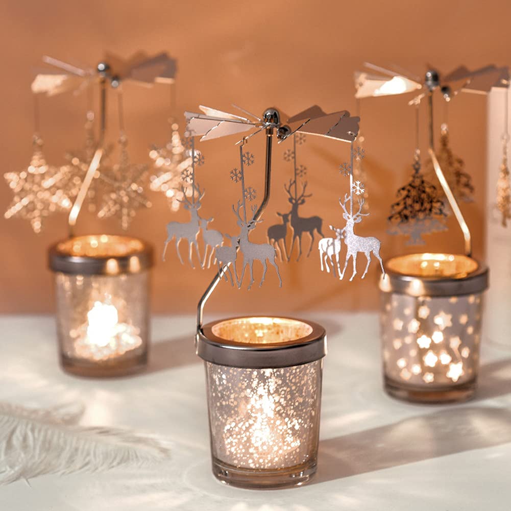 Rotating Gold Starlight Glass Christmas Candle Holders - Elegant Deer Design Candlestick for Wedding, Anniversary & Holiday Table Decor - Perfect for Christmas, Thanksgiving, Restaurant & Home Decoration