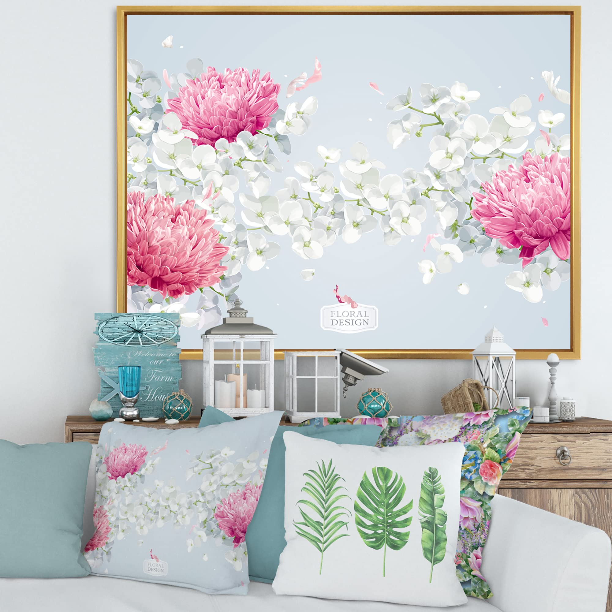 DesignQ Chrysanthemums and Apple Blossom Floral Canvas Wall Art Print - Traditional Framed Home Decor for Living Room, Bedroom & Office