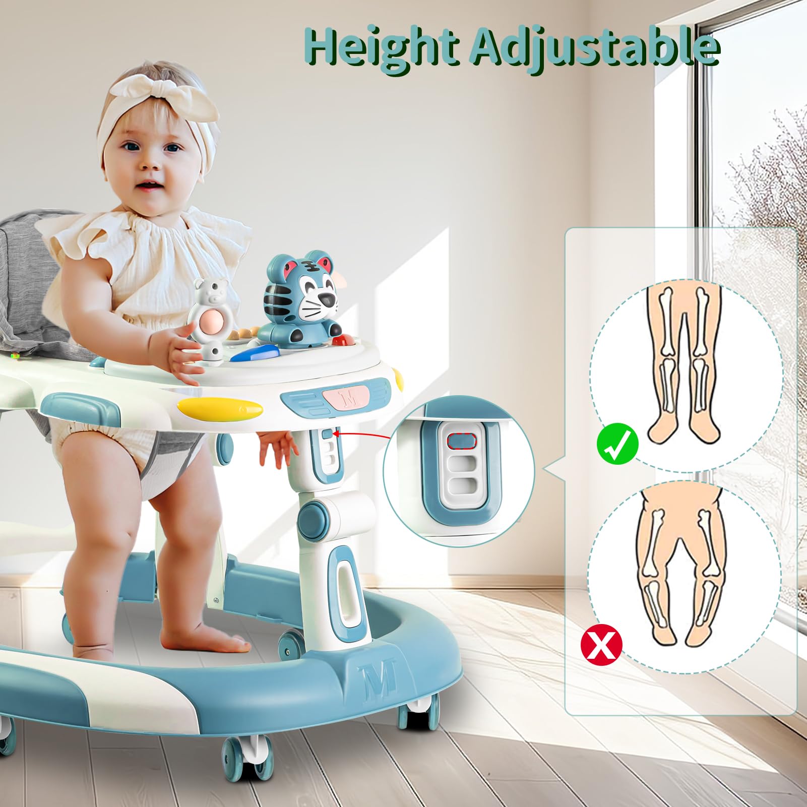 4-in-1 Foldable Baby Walker & Activity Center with Toy Tray - 3-Level Height Adjustable Infant Walker with Wheels for Boys & Girls 6-24 Months (Blue) - Perfect for Learning to Walk, Playtime & Early Development