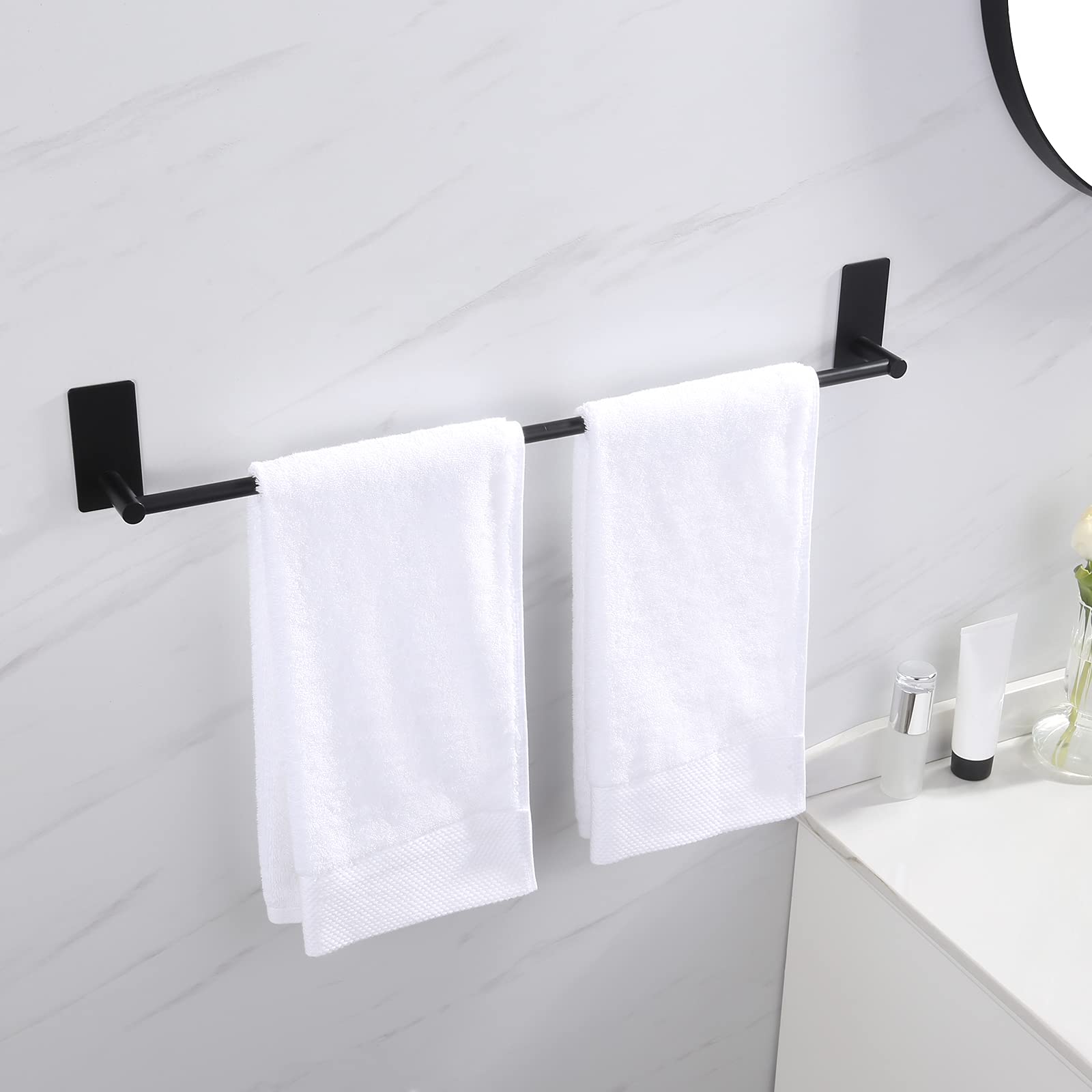 24-Inch No Drill Adhesive Bathroom Towel Bar - SUS 304 Stainless Steel Matte Black Wall Mounted Hand Towel Holder (A7000S60B-BK) - Perfect for Bathrooms, Kitchens, and Small Spaces Without Drilling