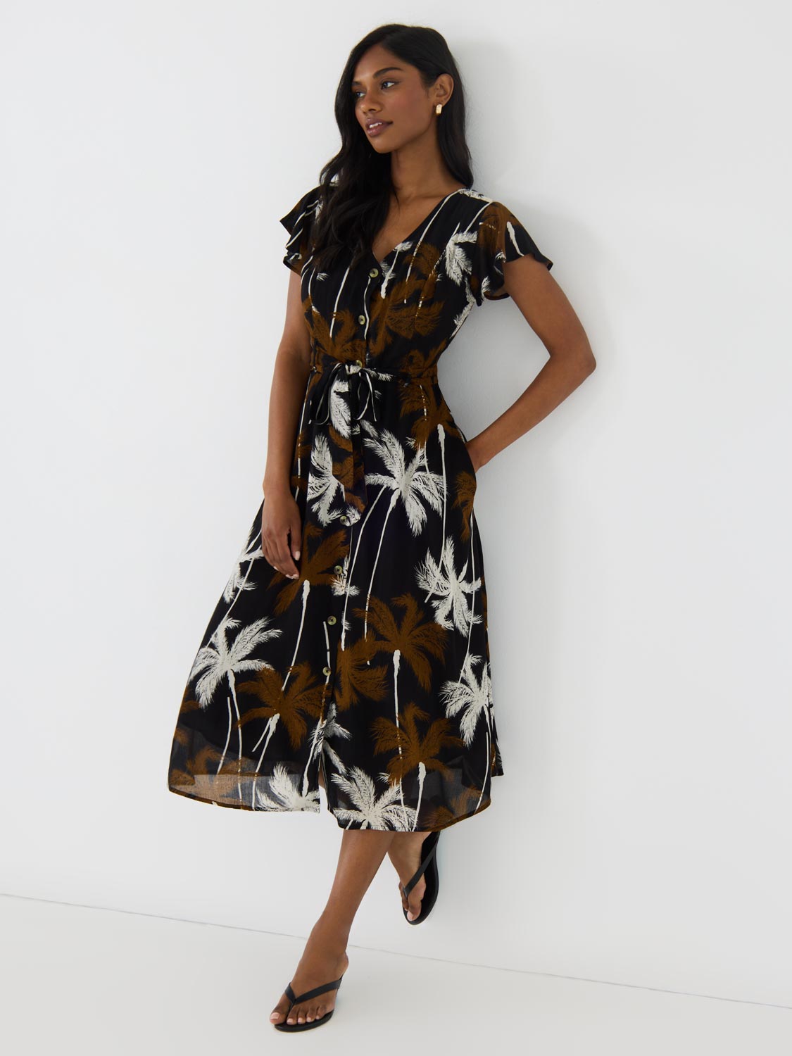 Stylish Tropical Print Flutter Sleeve Button Front Midi Dress for Women - Perfect for Summer Vacations, Beach Parties & Casual Outings