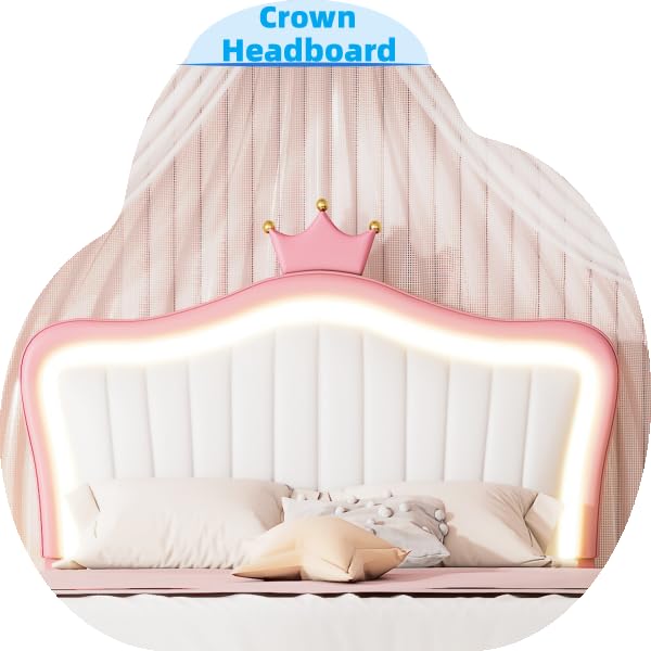 Linique Full Size Upholstered Bed Frame with LED Lights - Modern Princess Bed with Crown Headboard in White & Pink | Perfect for Girls' Bedroom, Teen Room & Luxury Bedroom Decor