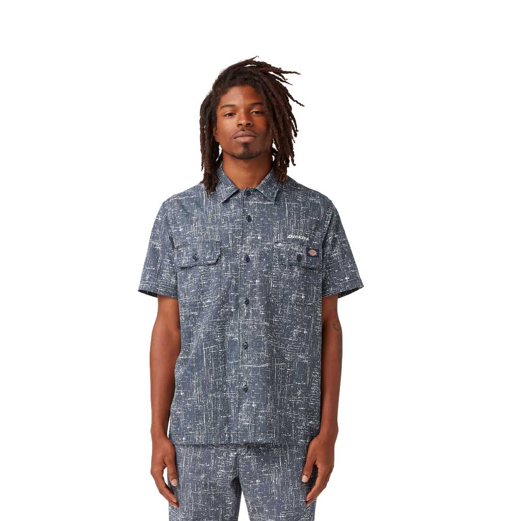 Dickies Embroidered Short Sleeve Work Shirt for Men - Rinsed Ink Blue - Durable Cotton Twill Shirt for Construction, Landscaping & Outdoor Work