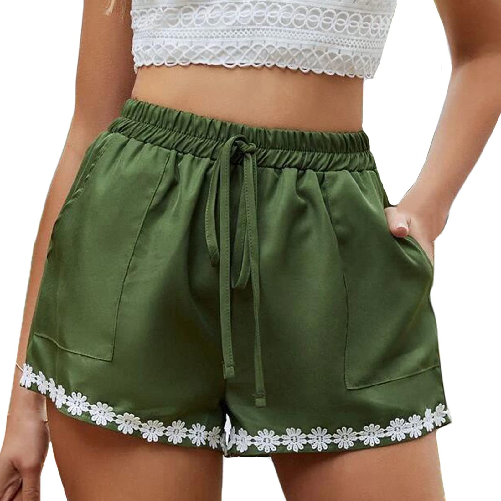 Ymosrh Women's Elastic Waist Shorts - Soft Comfortable Activewear Lounge Shorts with Side Pockets & Drawstring - Perfect for Yoga, Running, Home Wear and Summer Vacation