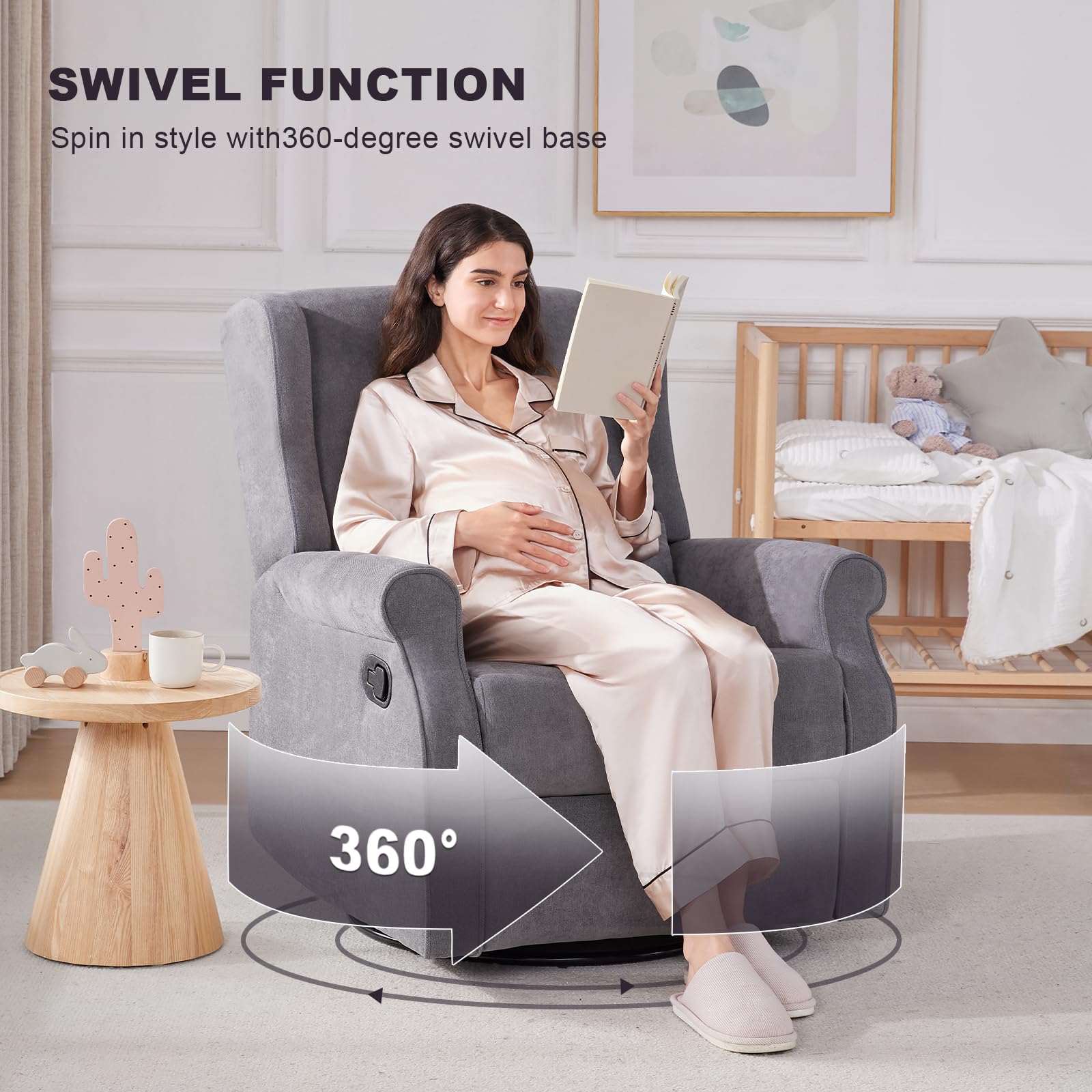 360° Swivel Nursery Glider Chair with Footrest - Manual Reclining Rocking Chair for Nursing Mothers, Baby Room & Living Room - Comfortable Grey Upholstered Glider for Breastfeeding, Relaxation & Nursery Decor