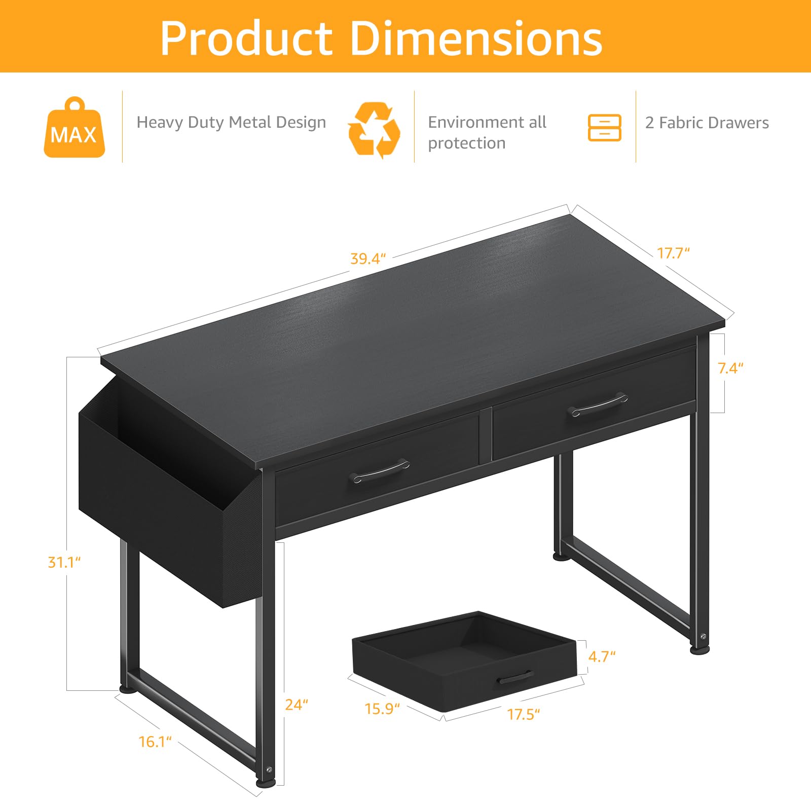 DLisiting 40 Inch Small Computer Desk with 2 Fabric Drawers - Compact Home Office Desk, Gaming Desk, Study Writing Table for Bedroom & Small Spaces (Black) | Perfect for Remote Work, Online Classes & PC Gaming Setup