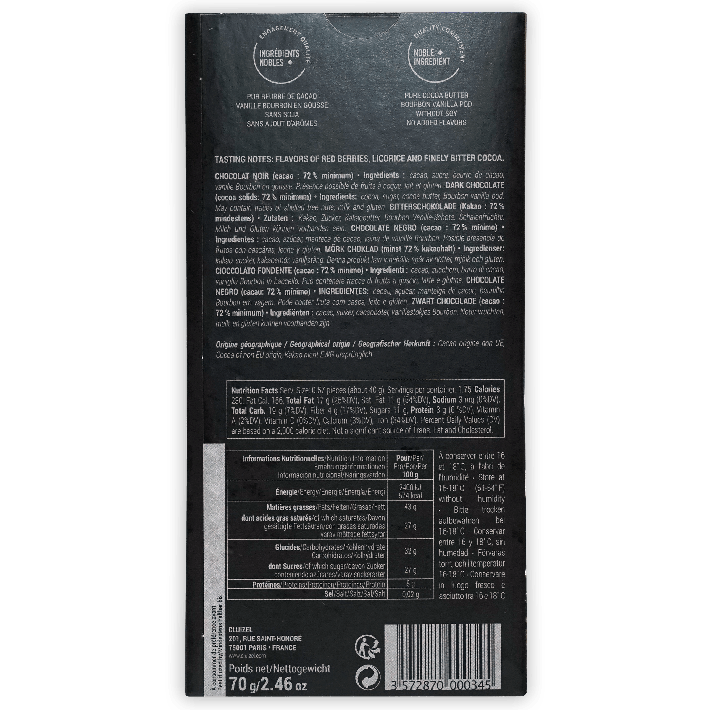 Michel Cluizel Noir 72% Dark Chocolate Bar - Premium French Gourmet Chocolate for Baking, Gifts & Desserts - Perfect for Valentine's Day, Holidays & Special Occasions