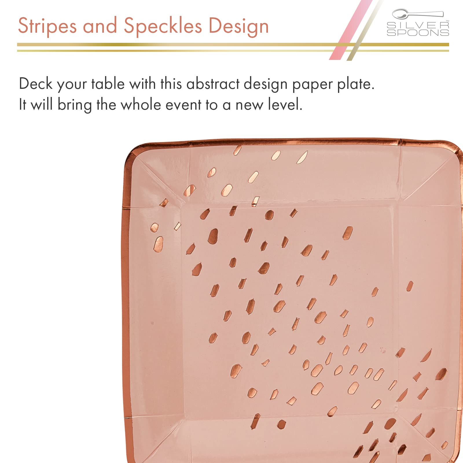 Premium 7 Inch Heavy Duty Square Disposable Paper Plates - Silver Spoons Abstract Design, Rose Gold Dinnerware Set for Birthday Parties, Baby Showers, Weddings & Special Events (18-Piece, Elegant Pink) - Perfect for Desserts, Appetizers & Stylish Table Settings