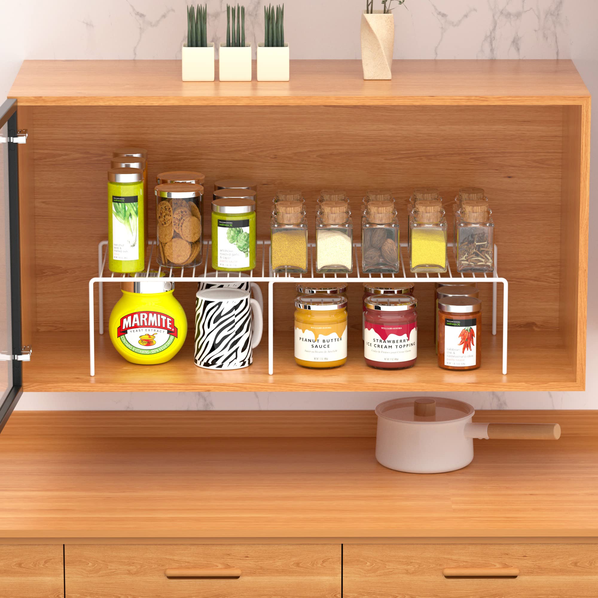 iPEGTOP 2-Pack Expandable Kitchen Cabinet Organizer - Adjustable 4-Piece Freezer Storage Shelf, Rustproof Metal Wire Rack for Pantry, Countertop & Drawer Utensils - Space Saving Solution for Small Kitchens (White) | Perfect for Organizing Spices, Canned Goods & Kitchen Supplies