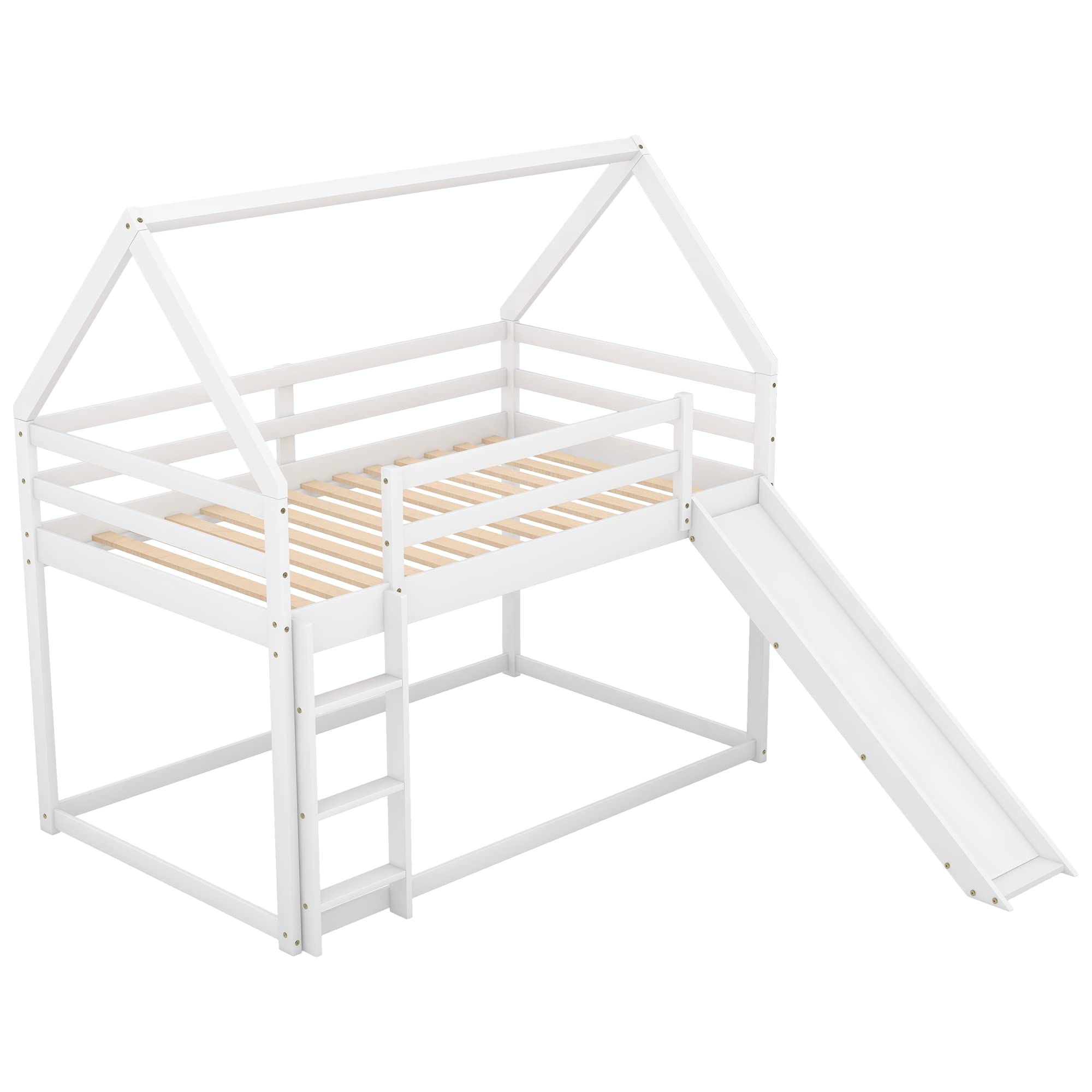 White Twin Over Twin Wooden Bunk Bed with Slide - Kids & Teens House Bunk Bed Frame - Safe Floor Toddler Bunk Bed for Boys & Girls - Perfect for Bedrooms, Playrooms & Small Spaces
