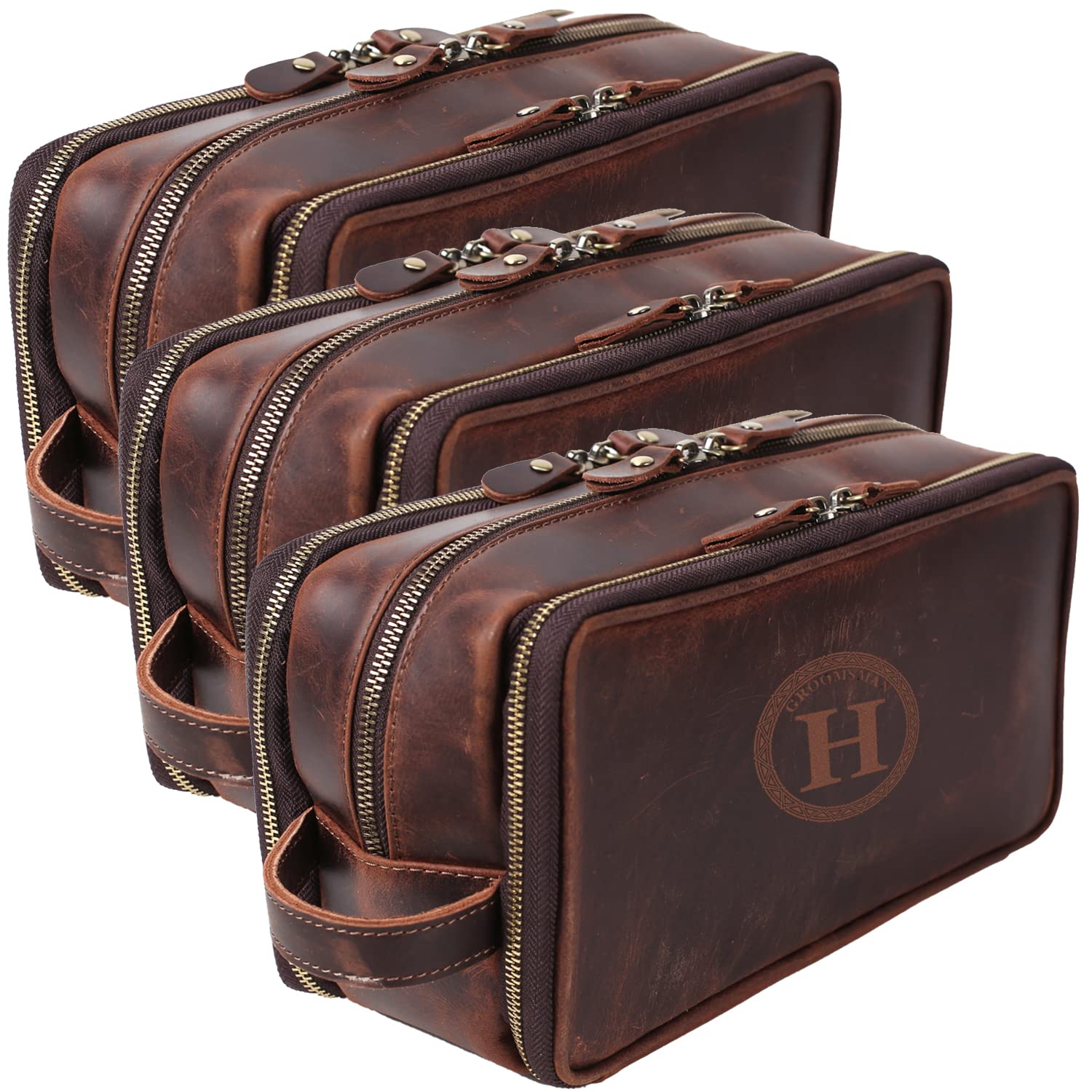 Personalized Leather Toiletry Bag for Men - 1/3/6pc Wedding Groomsmen Gift Set, Travel Shaving Dopp Kit & Cosmetic Organizer - Perfect for Travel, Bachelor Party & Bathroom Organization (3pc Set)