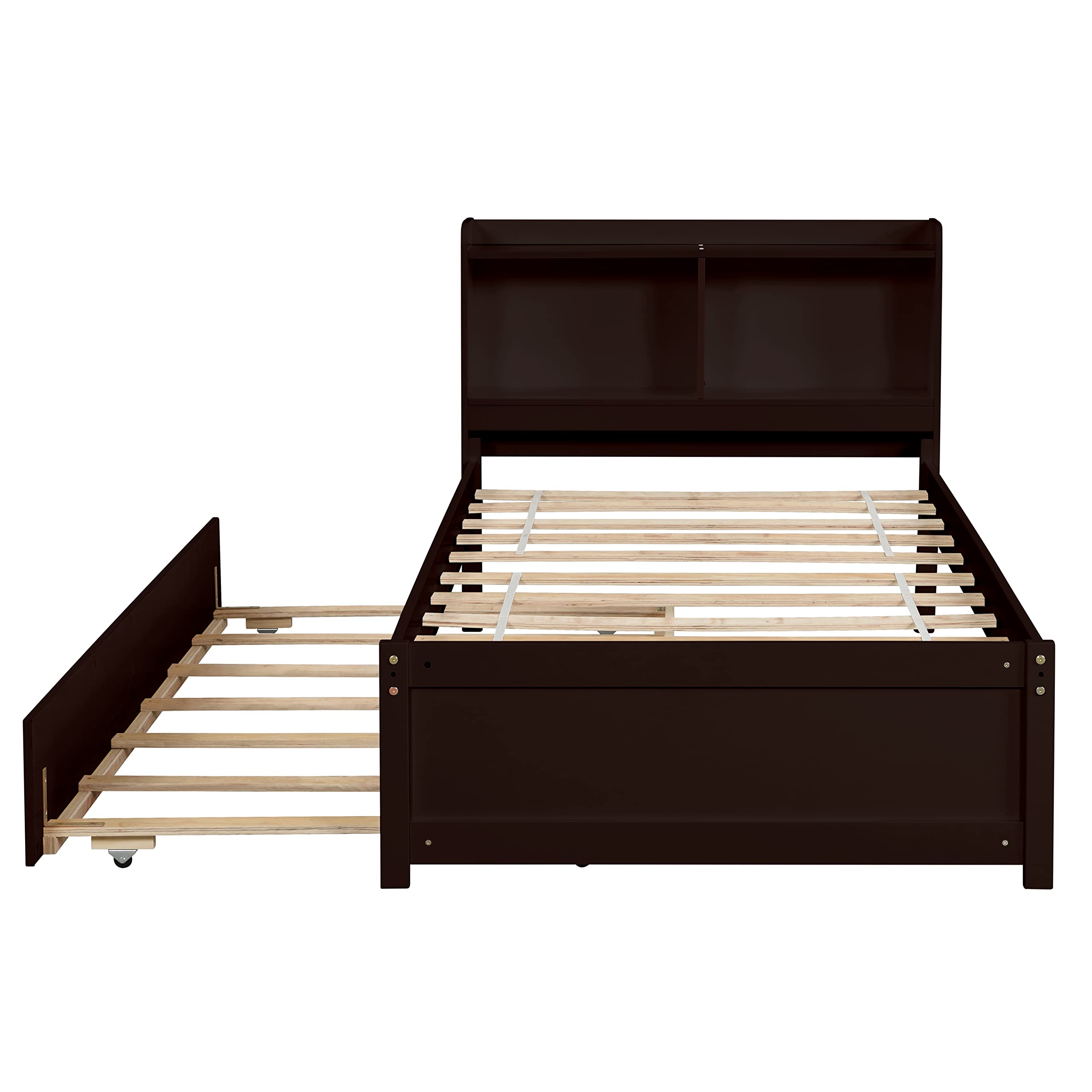 Twin Size Platform Bed with Trundle - Wooden Twin Bed Frame with Bookcase Headboard & Storage Shelves, No Box Spring Needed (Espresso) - Perfect for Kids' Rooms, Guest Beds & Small Spaces