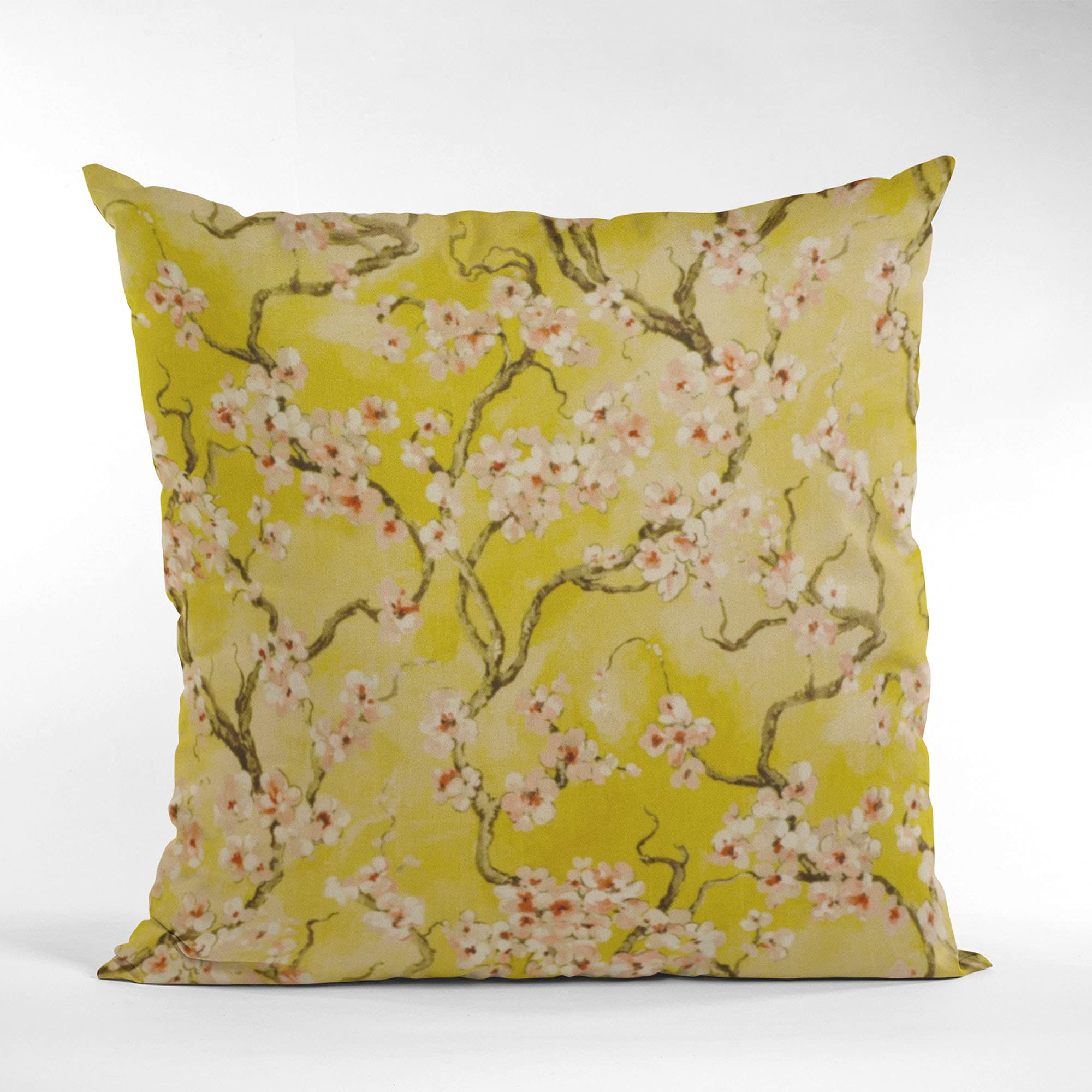Plutus Brands Luxury Cherry Blossom Printed Throw Pillow - 20x26 Inch Double Sided Decorative Cushion, Soft Polyester with Linen Look in Yellow | Perfect for Sofa, Bedroom & Living Room Decor