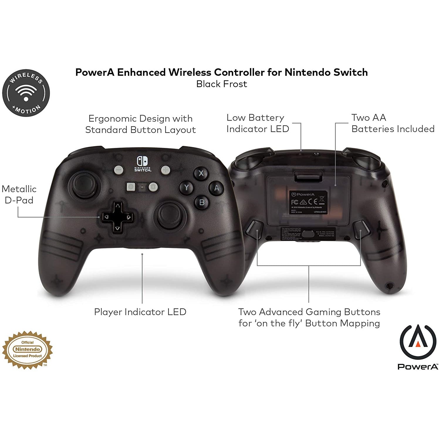 PowerA Nintendo Switch Enhanced Wireless Controller - Black/Grey Frost - Ergonomic Design with Motion Controls, Dual Vibration, 30+ Hour Battery Life - Perfect for Gaming, Multiplayer & Travel