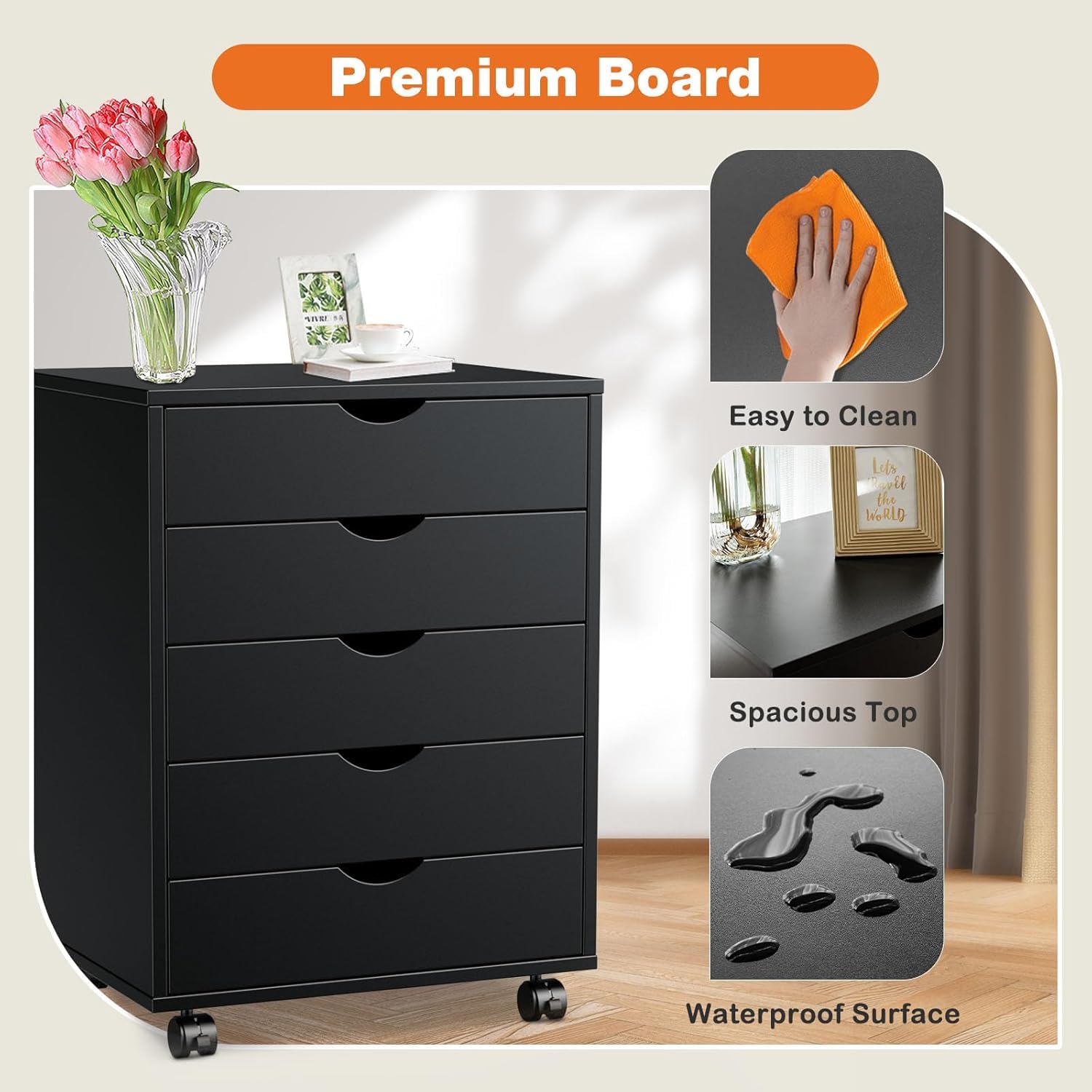 5-Drawer Wooden Dresser with Wheels - Mobile Storage Cabinet for Bedroom & Office Organization - Compact Chest of Drawers for Clothes, Accessories & Home Decor