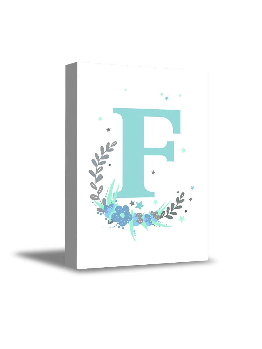 Floral Letter F Nursery Wall Art - Blue Initial Print Canvas Decor for Baby & Kids Room (11