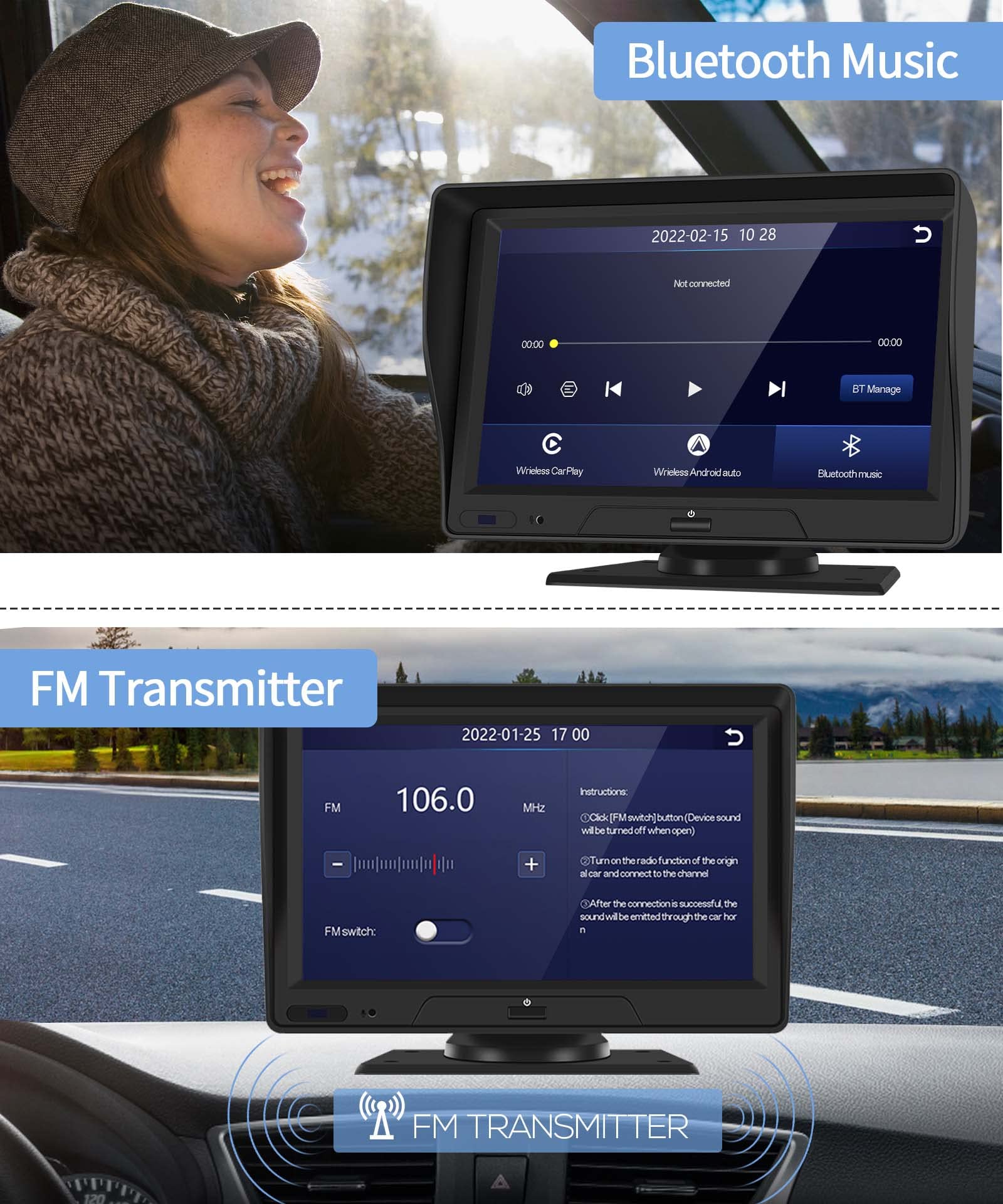 Rimoody 7'' Wireless CarPlay Screen with Dash Cam - Portable Car Stereo for Android Auto, Bluetooth, Touch Screen, Backup Camera, Voice Control & FM Transmission - Perfect for Road Trips & Hands-Free Driving