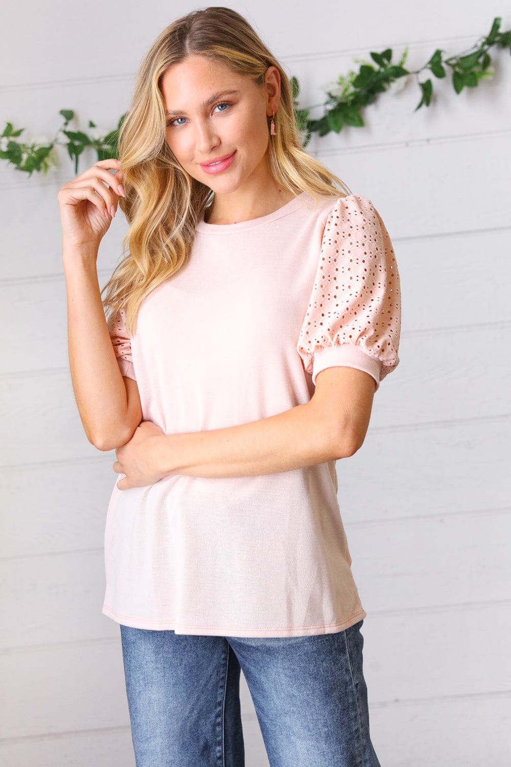 Peach Eyelet Puff Sleeve French Terry Top for Women - Summer Boho Blouse with Lace Trim, Casual Loose Fit T-Shirt | Perfect for Beach Outings, Date Nights & Weekend Brunch