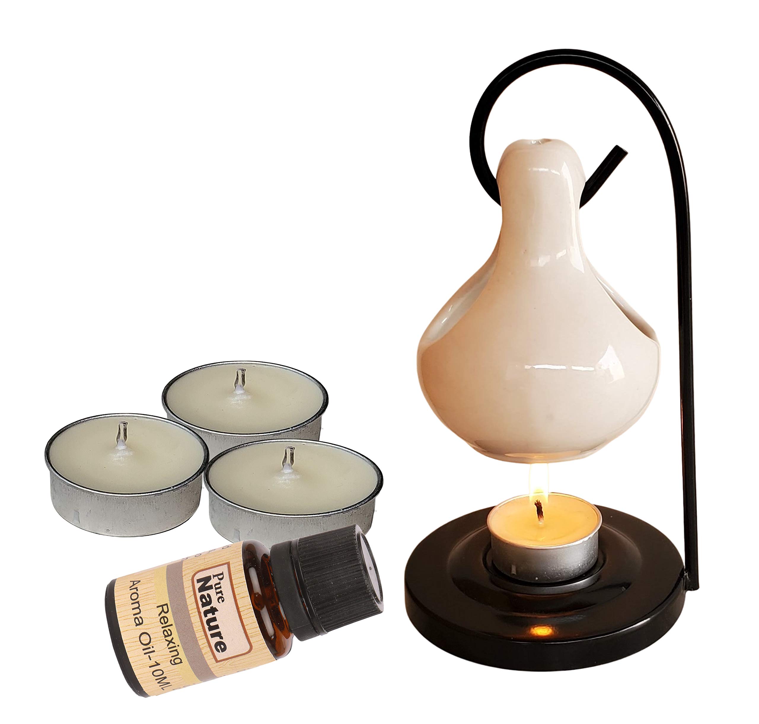 Pure Source India Porcelain Aromatherapy Set with 10ml Essential Oil & 4 Tea Light Candles - White | Relaxing Scent for Home Spa, Yoga, Meditation & Stress Relief
