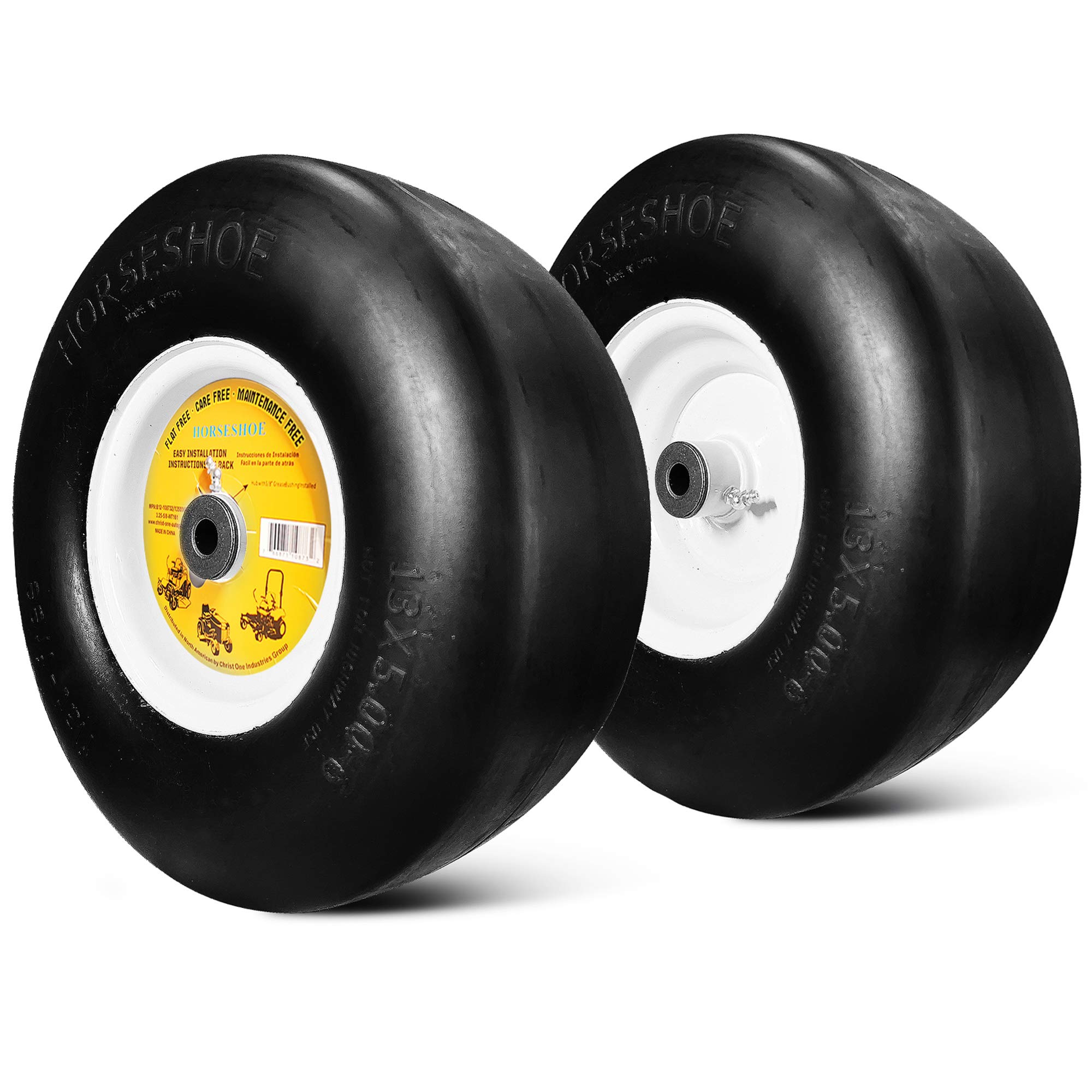 2 New Solid 13x5.00-6in Flat Free Horseshoe Tires with Steel Rim - Smooth Tread for 36-68