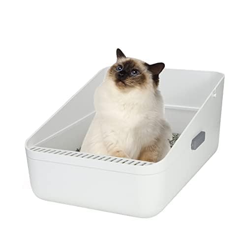 Open Top Cat Litter Box - Easy to Clean & Assemble, Anti-Splash High Sides, Durable Sifting Litter Pan for Small Cats (White, Medium) - Perfect for Home, Apartment & Multi-Cat Households