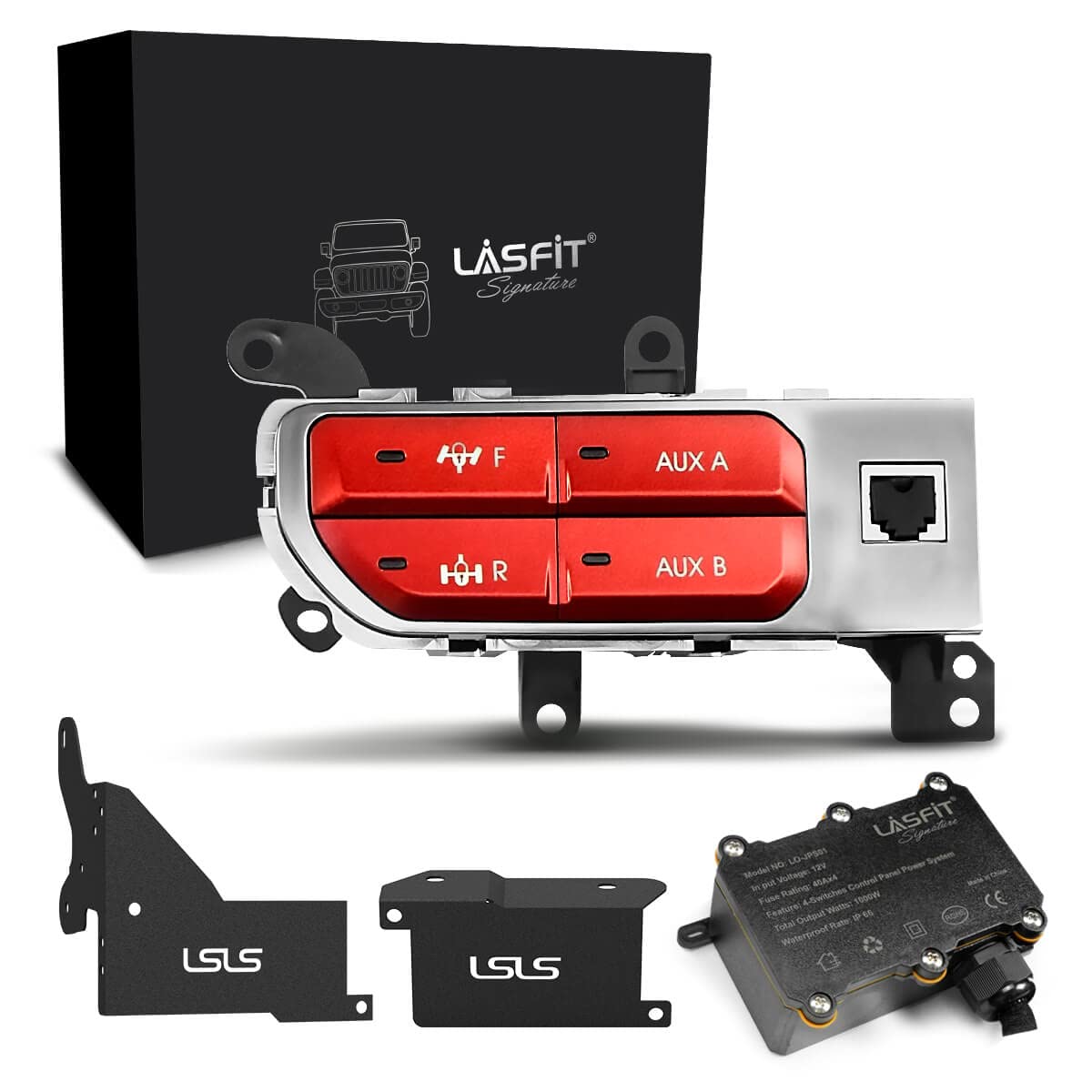 LASFIT Auxiliary Switch Bank Kit - 4 Button Dash Panel for Jeep Wrangler JL (2018-2023) & Gladiator JT (2019-2023) - OEM Style Plug & Play Front/Rear Locker Switch - No Software Update Needed - Red LED Backlight - Perfect for Off-Roading & Custom Lighting Control