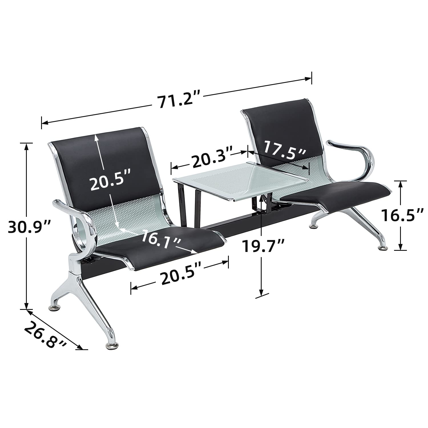 2-Seat PU Leather Waiting Room Chairs with Table & Armrests - Reception Bench for Office, Bank, Hospital, School, Barbershop & Airport - Black Chrome Metal Frame - Perfect for Lobby Seating, Patient Waiting Areas & Public Spaces
