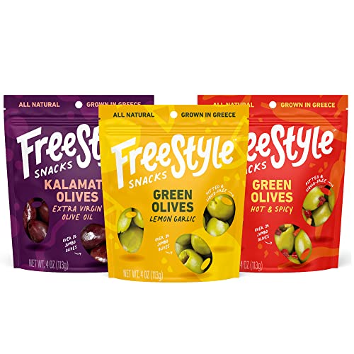 Freestyle Snacks Olive Snack Packs - Fresh Pitted Kalamata & Green Olives from Greece, Jumbo-Sized, All Natural, Non-GMO, Paleo & Keto Friendly, Sugar-Free Healthy Snacks - Variety Pack (4oz x 3) | Perfect for Lunch Boxes, Charcuterie Boards & Low-Carb Diets