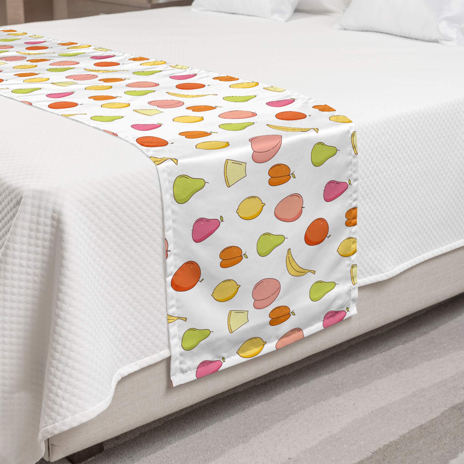 Ambesonne Fruits Bed Runner - Decorative Bedding Scarf with Pears, Oranges, Peaches, Lemons, Apples & Bananas Print | King Size Multicolor Accent Piece for Hotels, Homes & Guest Rooms | Perfect for Bedroom Decor, Wedding Decorations & Seasonal Home Styling