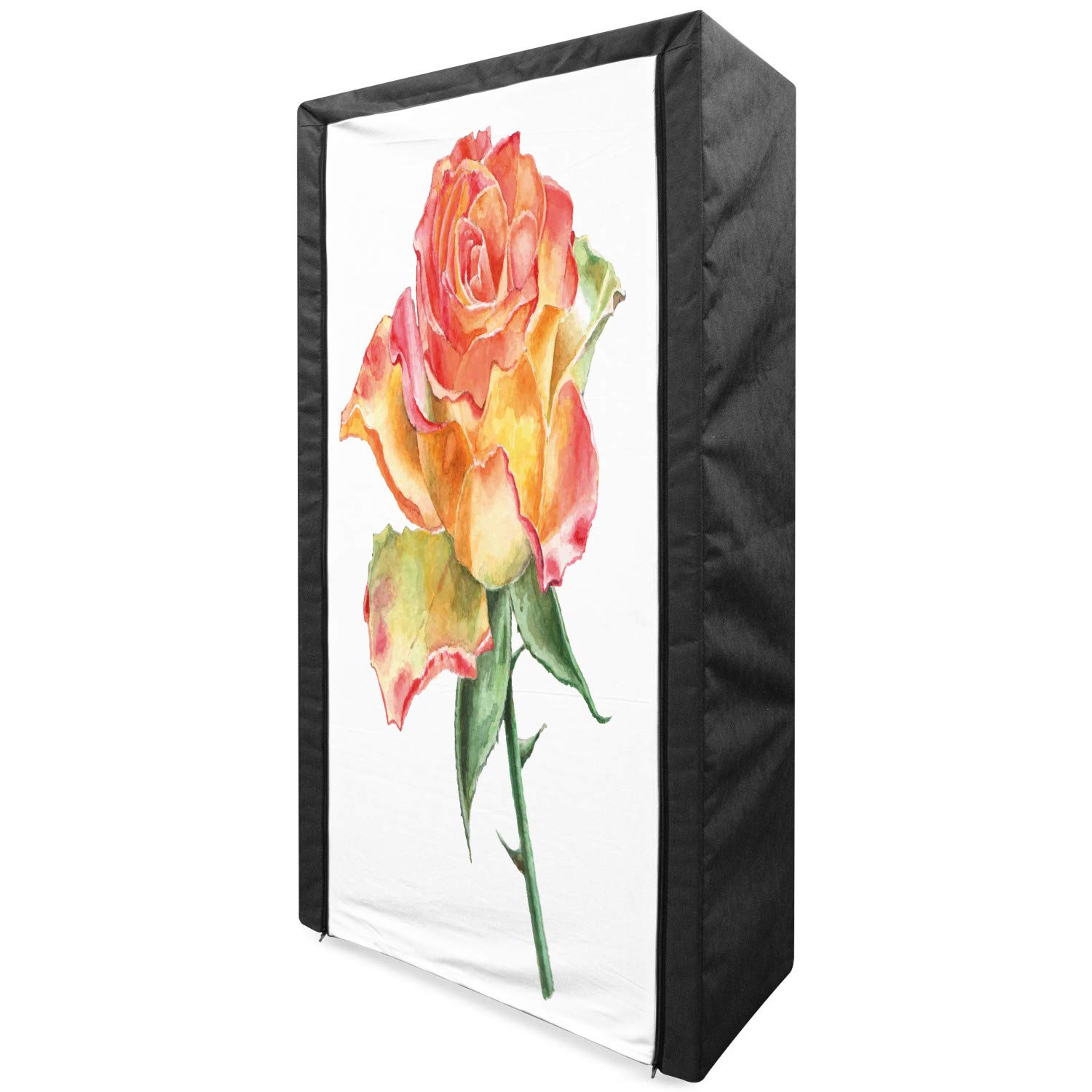 Ambesonne Rose Portable Fabric Wardrobe - Hand Painted Watercolor Floral Design with Shelves, 33.5 Inch Clothing Organizer for Bedroom, Closet, Dorm (Green Orange Coral) | Perfect for Small Spaces, Guest Rooms & Seasonal Storage