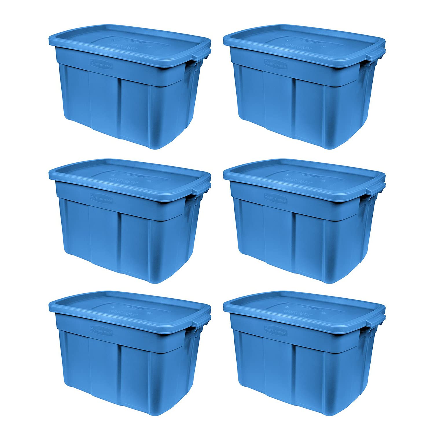 Rubbermaid Roughneck Tote 18 Gallon (68L) Storage Bins - 6 Pack Heavy Duty Stackable Plastic Containers with Lids & Handles, Made in USA, Heritage Blue - Perfect for Garage Organization, Home Storage & Moving Supplies