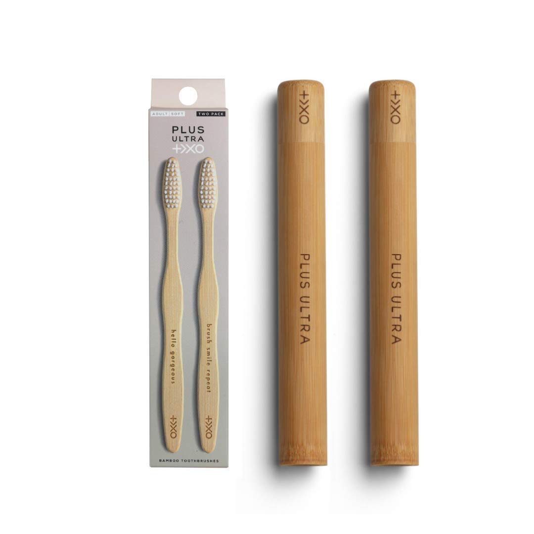 PLUS ULTRA Bamboo Toothbrush Travel Case Bundle - 2 Adult Toothbrushes & 2 Eco-Friendly Bamboo Cases | Perfect for Travel, Camping & Daily Oral Care