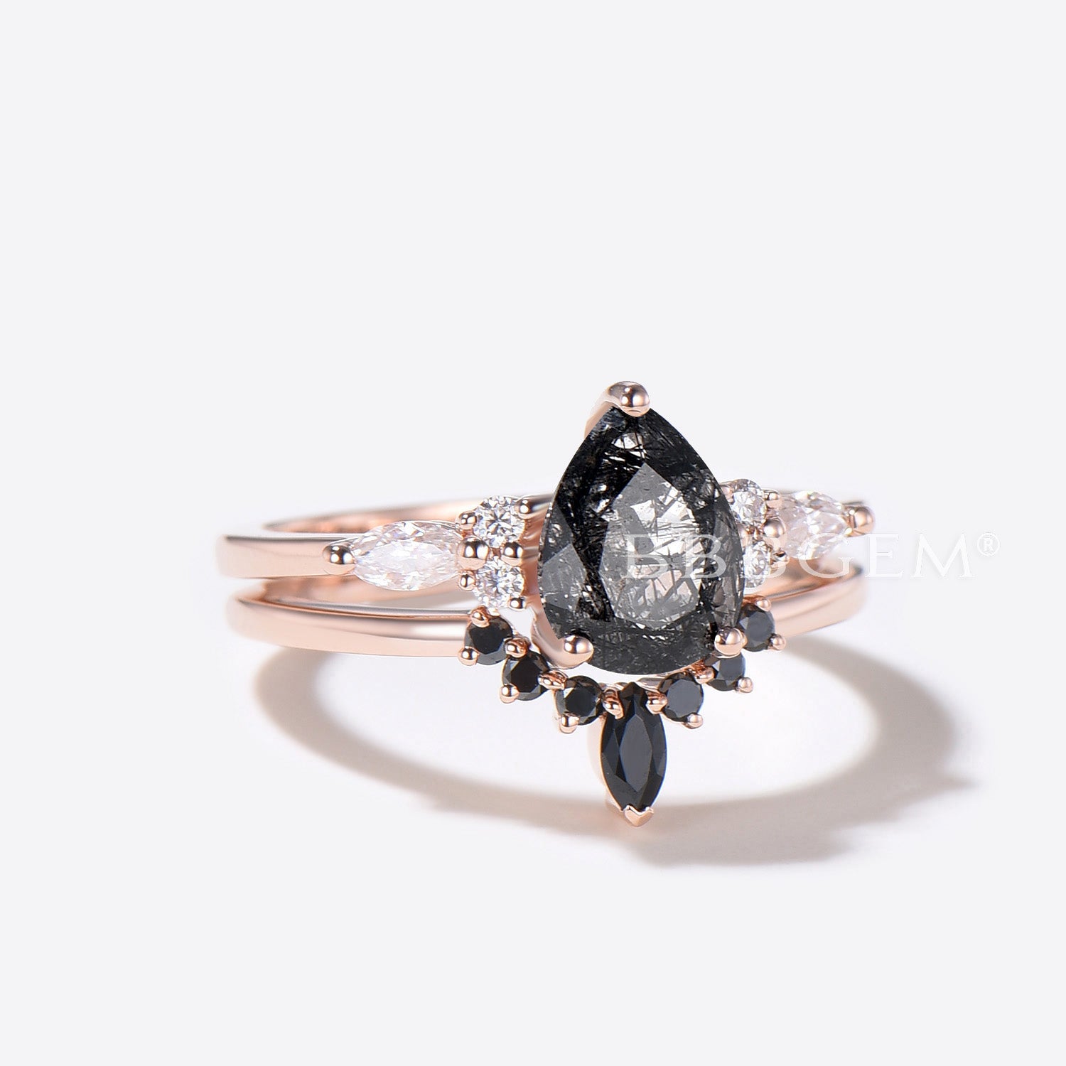 Black Rutilated Quartz Engagement Ring - Moissanite & Spinel Wedding Band for Women - Elegant Jewelry for Proposals, Anniversaries, and Special Occasions