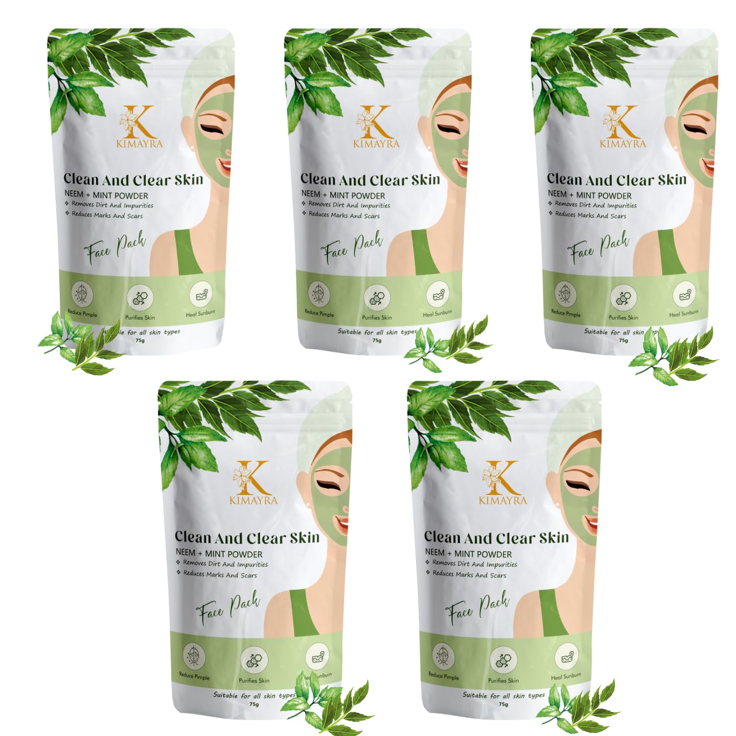 Kimayra Organic Neem & Mint Face Pack Powder for Acne & Pimple-Free Skin | Anti-Aging, Soothing Natural Face Mask for Women & Men | Safe for All Skin Types | 75g (Pack of 5) | Perfect for Daily Skincare & Detox Routine
