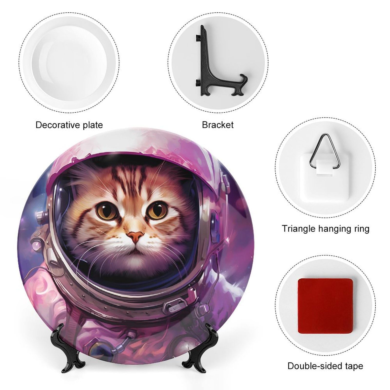 Space Cat Ceramic Decorative Plate with Stand - Unique Kitchen & Home Decor for Dining Display | Perfect for Wall Art, Gift Giving, and Themed Dinner Parties